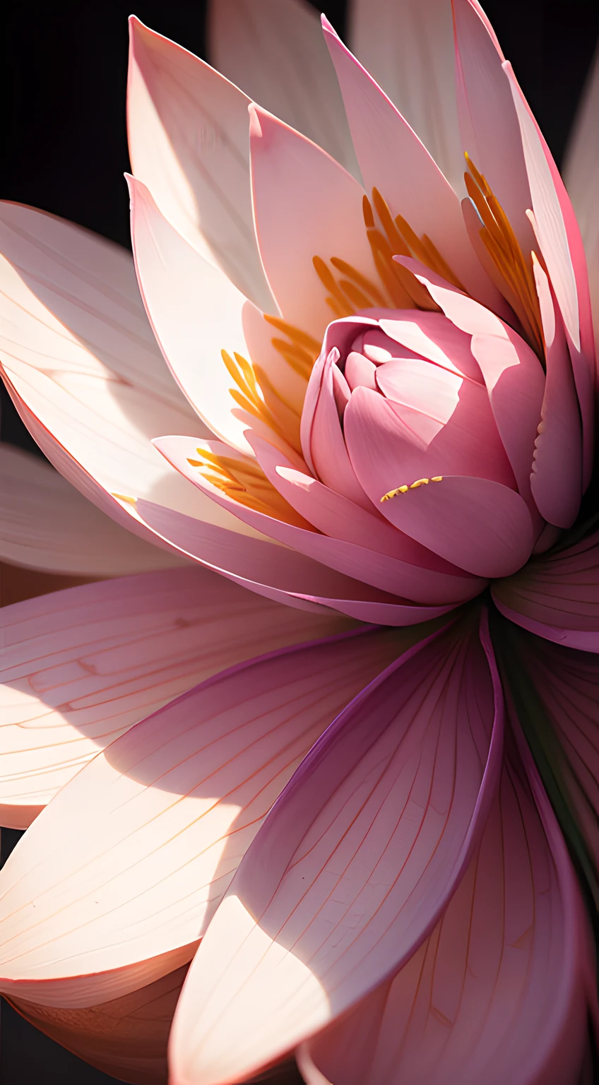 Capture a close-up photo of a fully bloomed lotus flower. Showcase its intricate, layered petals and the delicate play of light on its surface, highlighting the flower's natural elegance