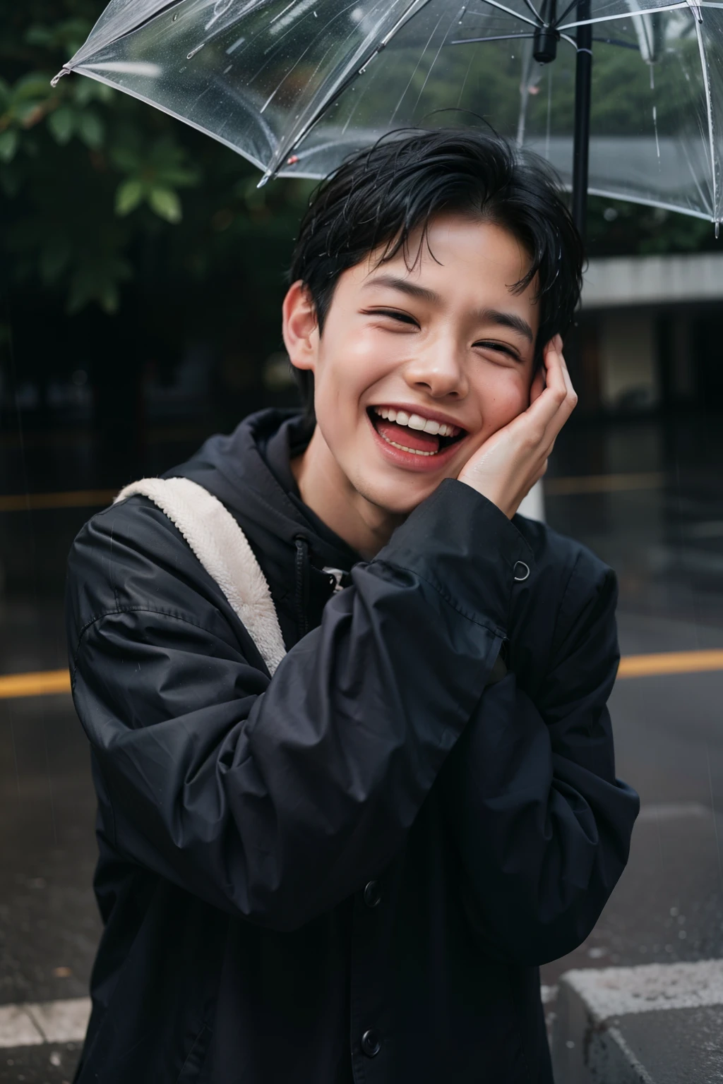 1 boy laughing and crying in the rain