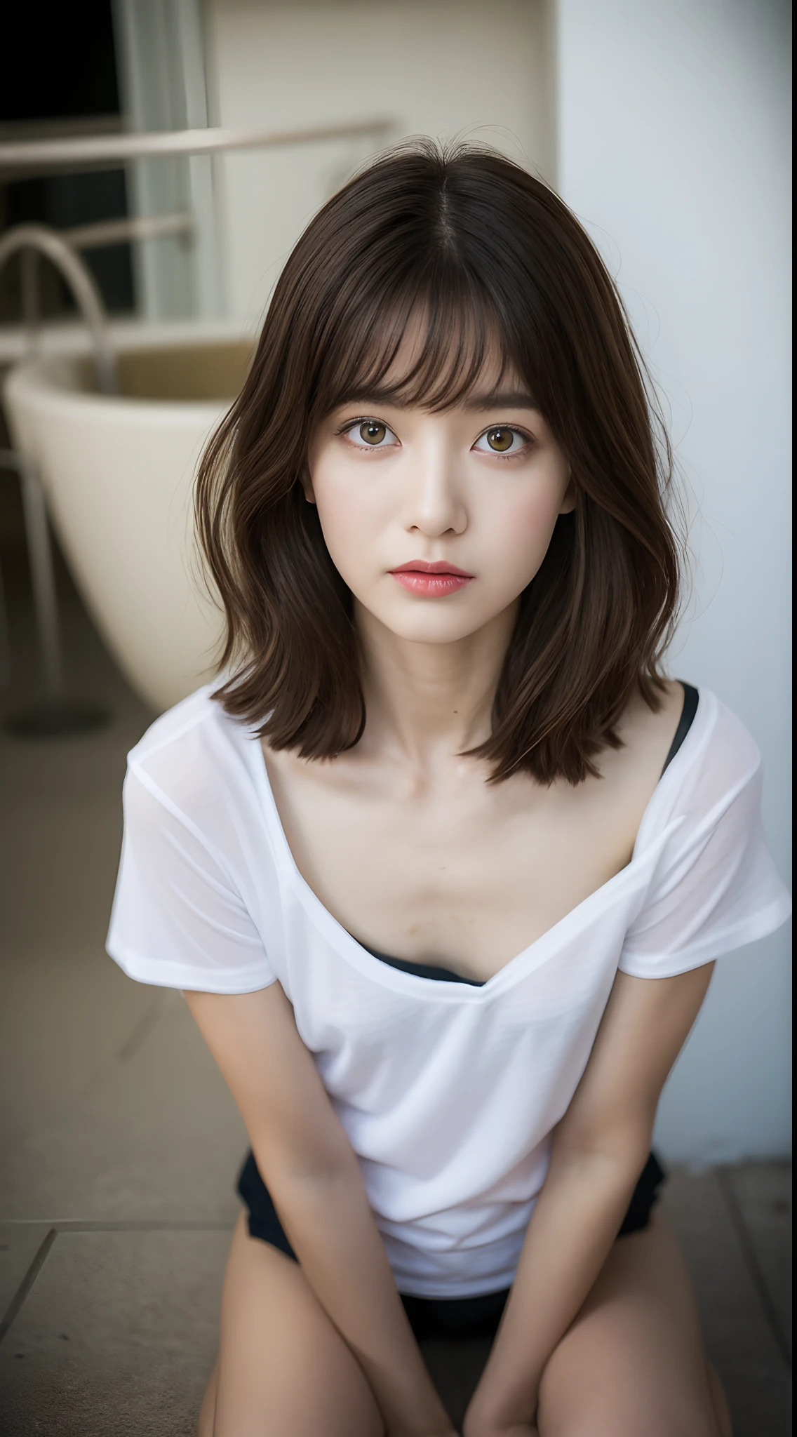 See-through tops、巨乳、キャミソール、くびれ、腹筋、さらさらな髪の毛、(背景にwhite wall、Part of her hair is Baby Pink:1.4)、white wall、Taken in front of the white door、(窓のあるwhite wallの部屋)、((highest quality、8K、masterpiece:1.3))、ultra high resolution、(photorealistic:1.4)、raw photos、Japanese,(details face)、real、Shot in natural light、Highly detailed face and skin texture、highly detailed lips、correct state of the human body、medium hair、black hair、various poses、natural color lip