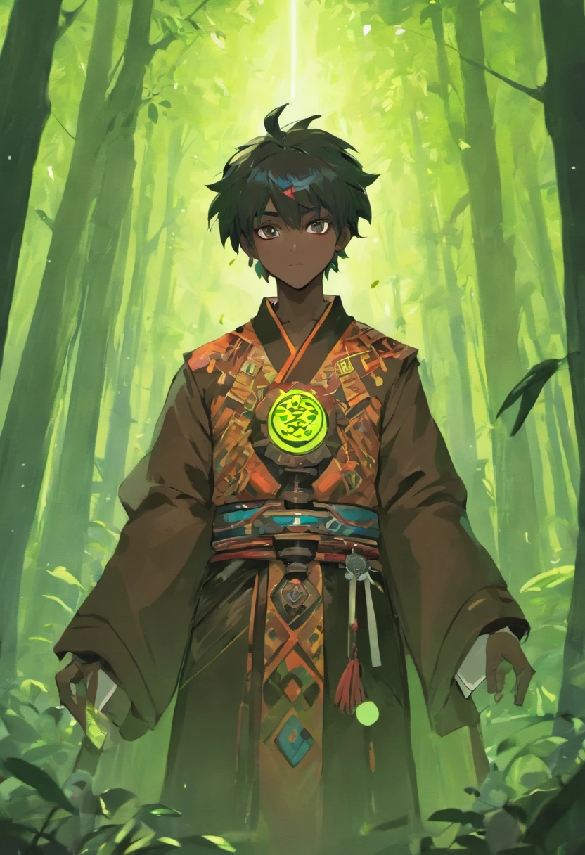 (Best quality), (Super fine), (Masterpiece), illustration, (Young man), In the forest, shaman, Black skin, Wear shaman medals, DOA，In front of you is a huge KFC hamburger,