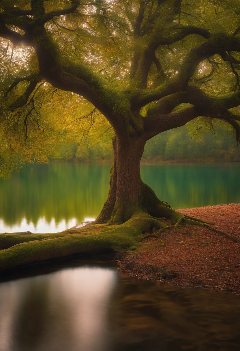 grass field　A large tree in the center of the lake
