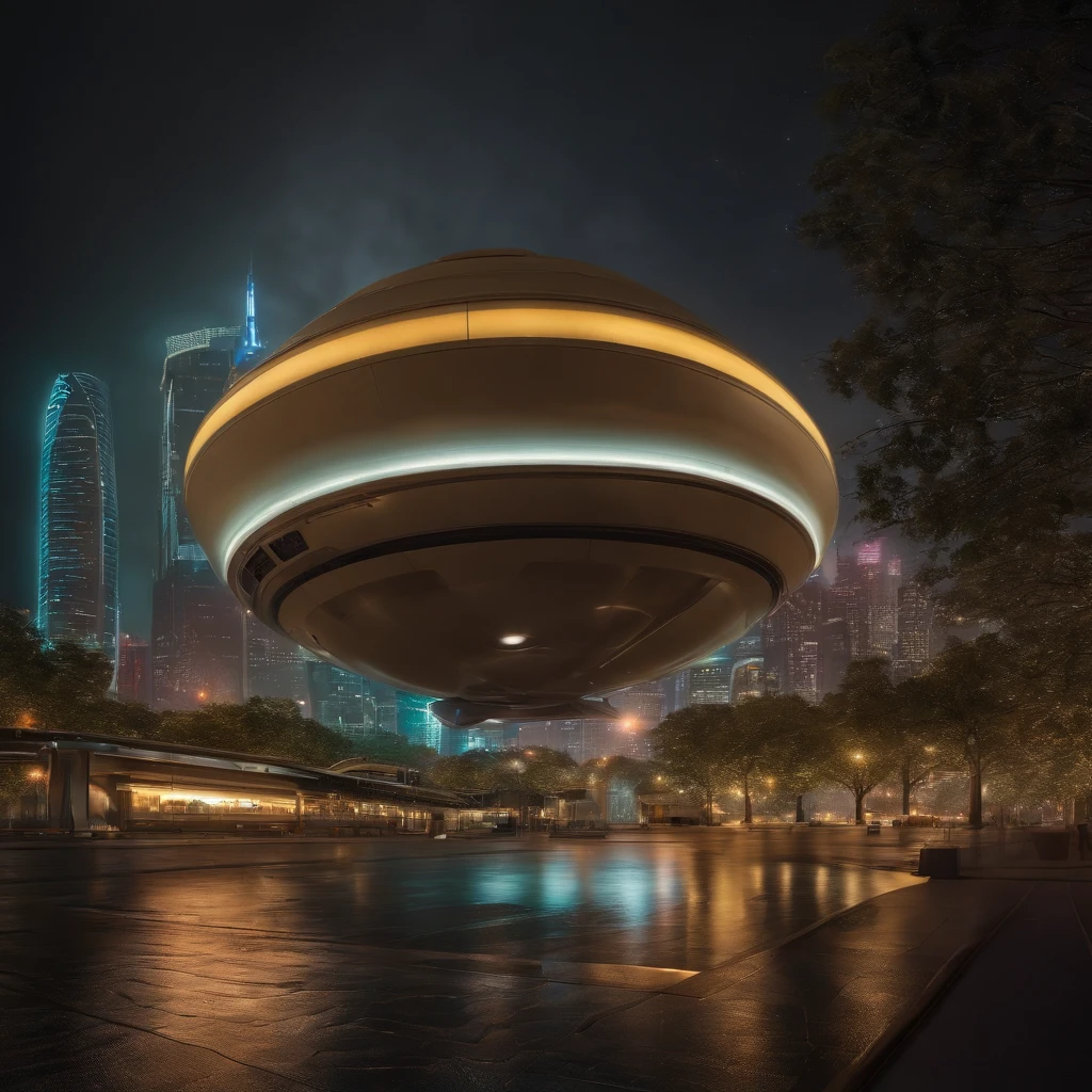 A spaceship over the city，in a panoramic view，（plethora of colors，Best quality，high detal，tmasterpiece，cinmatic lighting，4K，Chiaroscuro）