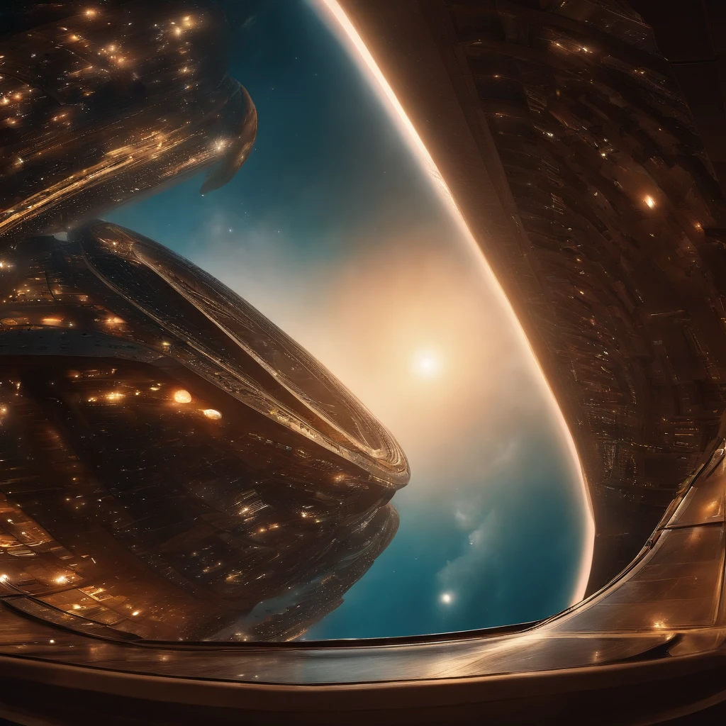 A spaceship over the city,in a panoramic view,(plethora of colors,Best quality,high detal,tmasterpiece,cinmatic lighting,4K,Chiaroscuro)