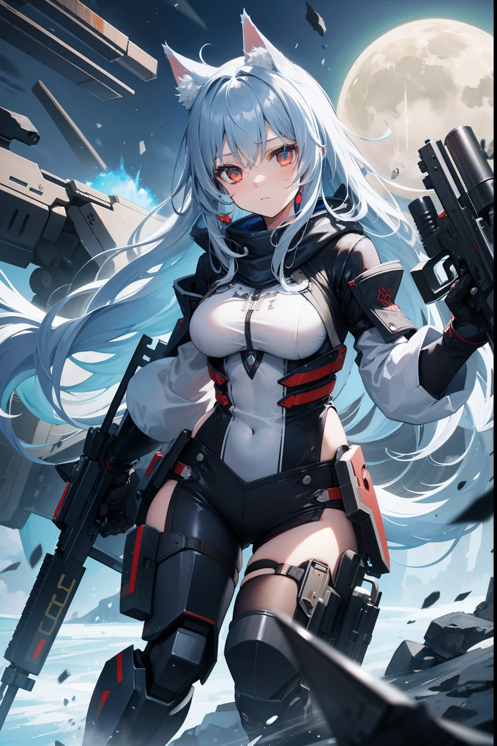 1 girl, tie up hair, left side swept hair, long gray hair, red eyes, innocent smile, black mech armor, cool and sexy face, black thigh knee sock, 8, Sharp face, Yellow ribbon at the ear, battlefield, outside, head bondage, black steel boot, standing, , modernia, massive cannon, one person, alone, 1 head, 2 hands, 2 legs