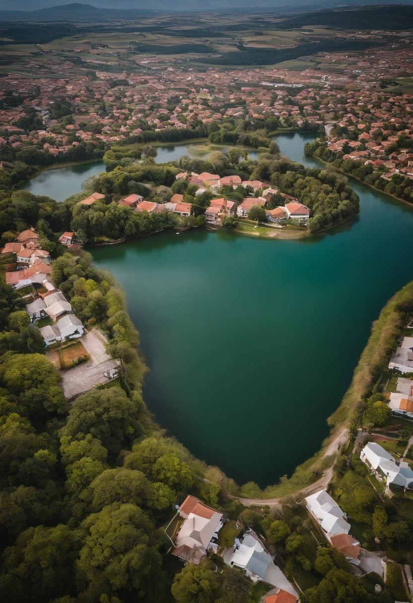 Aerial view of a small town with a lake in the middle, de uma pequena aldeia com um lago, aerial footage, Aerial view, tiro de arial, air shot, perspective shot from the sky, aerial shot from the drone, fotografia de cima, close-up de cima, aerial view from above, aerial view of a city, foto tirada de cima, Foto de cima