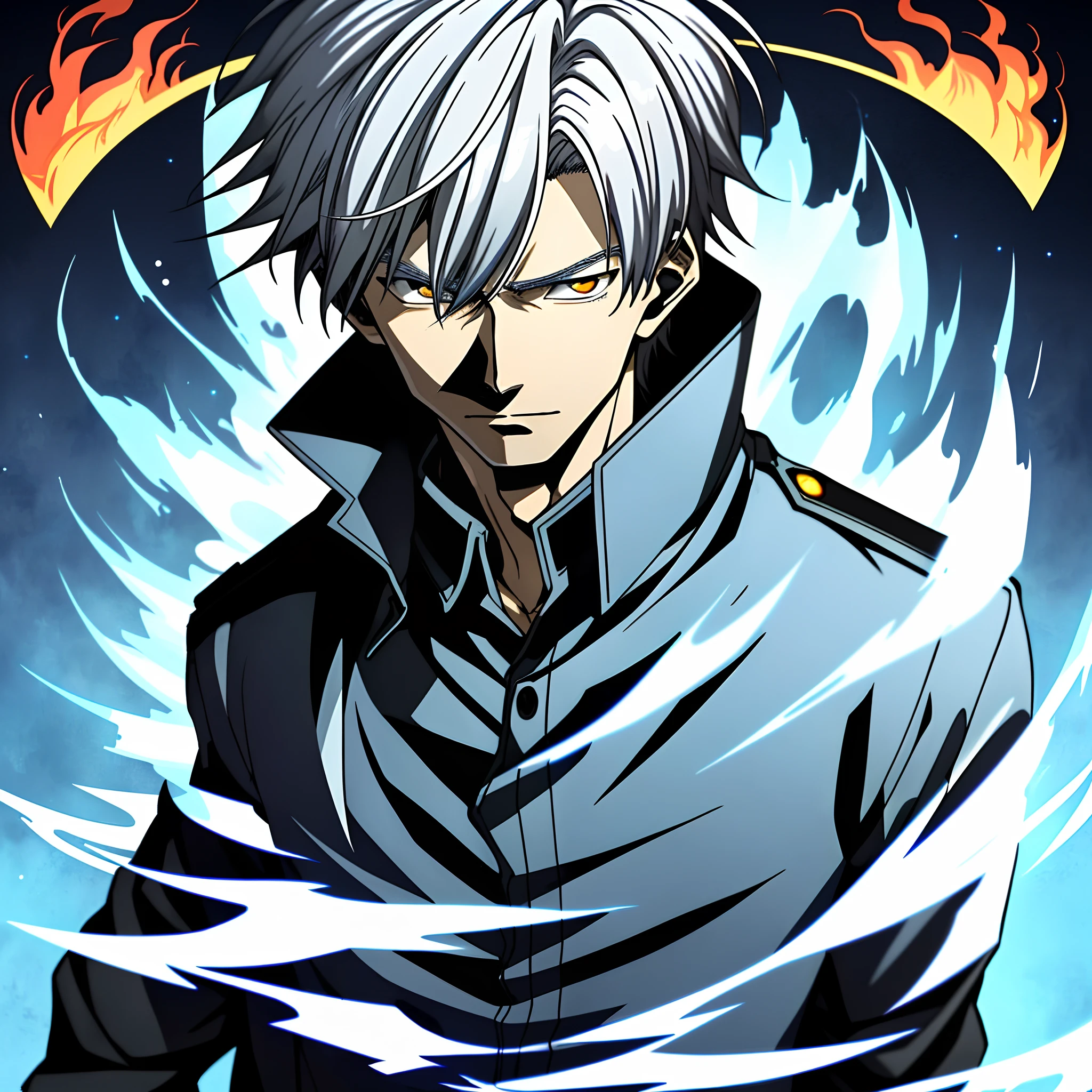 Anime image of a white-haired man wearing a blue flame in a black jacket, ryuta ueda artwork, offcial art, Anime handsome man,
