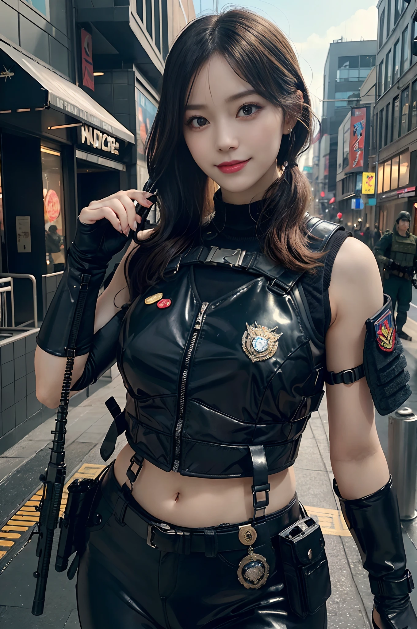 Korean girl, exposed ((nipples)), breasts, tatical pants, ((topless))