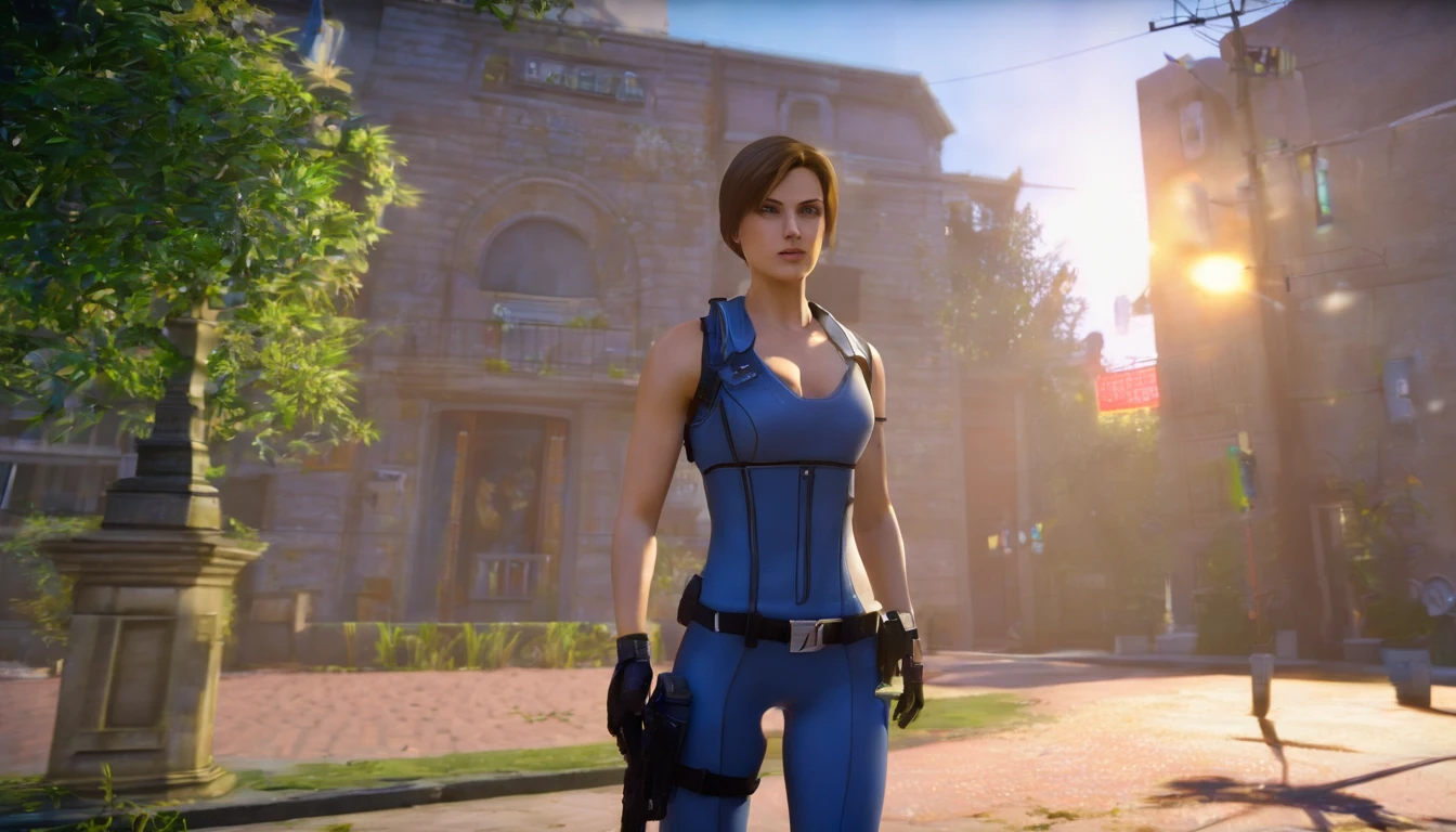 jill valentine, morena, resident evil 1, na cidade, cercada de zumbis segurando sua arma