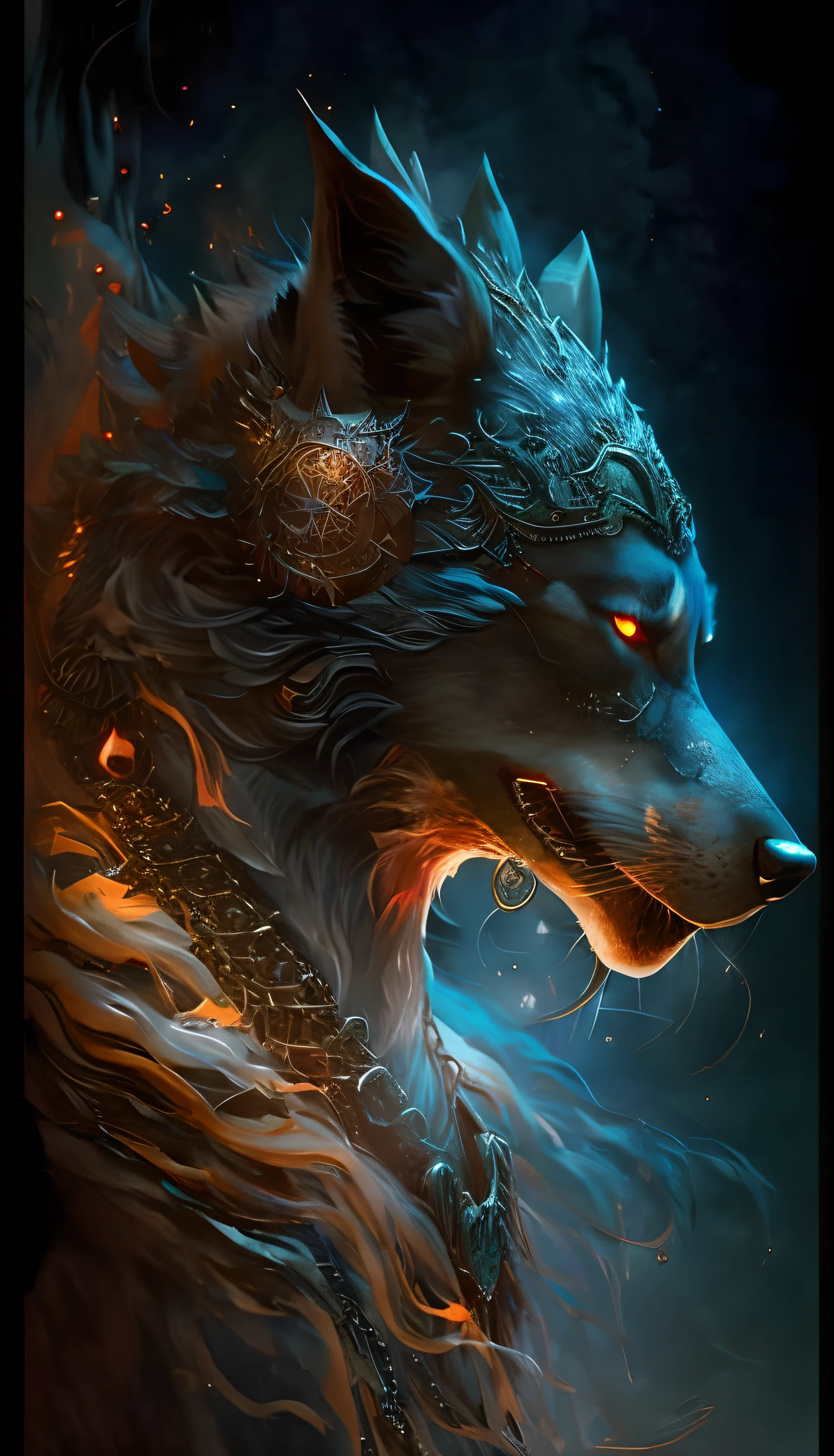 the fox god smiles, Messenger of the saints、Fanciful、Apocalypse、 Renaissance architecture、(One fox with black and white face paint)、Big black presence、skull、roses、spines、BlackKnight、Resistance、Galaxy、Red Moon、 crows、Graphic Noise、Light distortion、Red, black and ((gold))