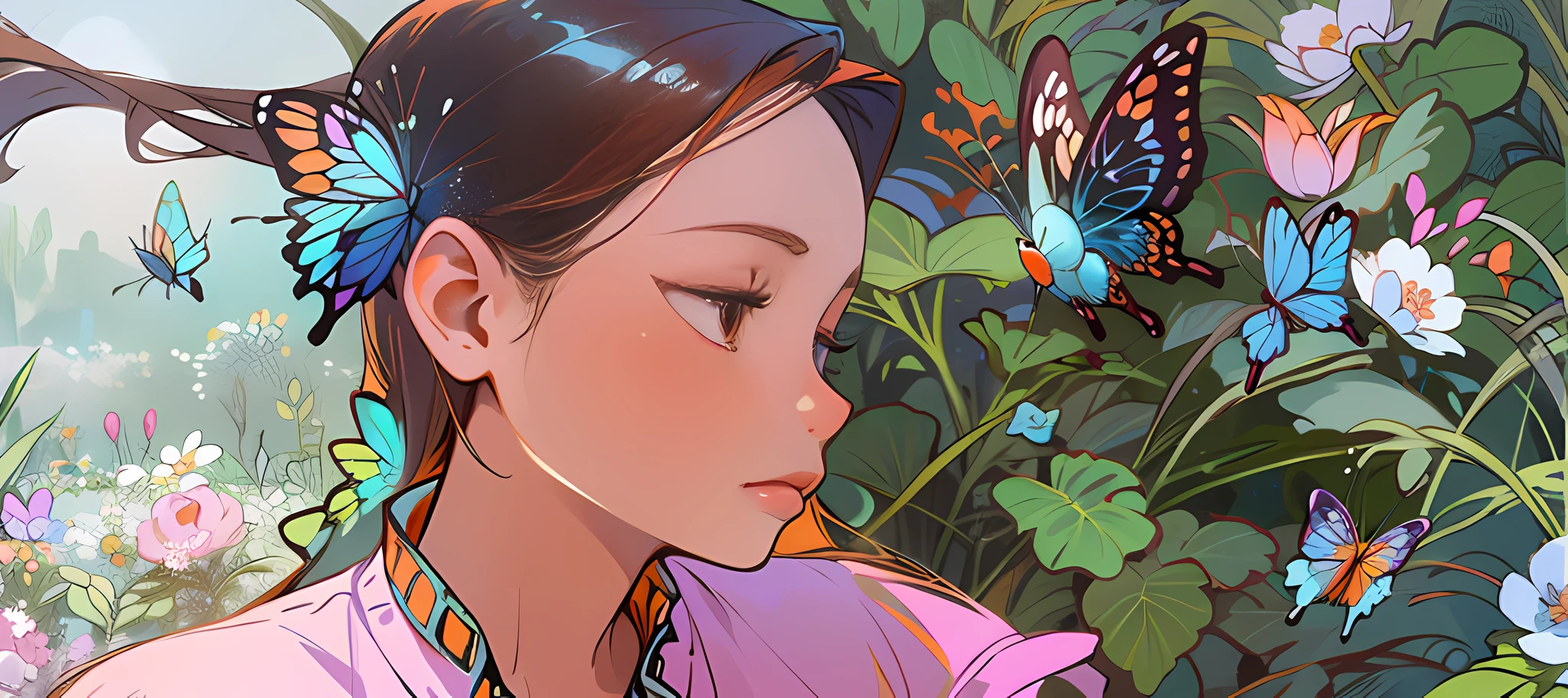 Pretty girl,  ((orange long hair)), young girl, ((flower: 0.5)), ((Butterfly: 0.5)), (( dreaming garden : 0.7)