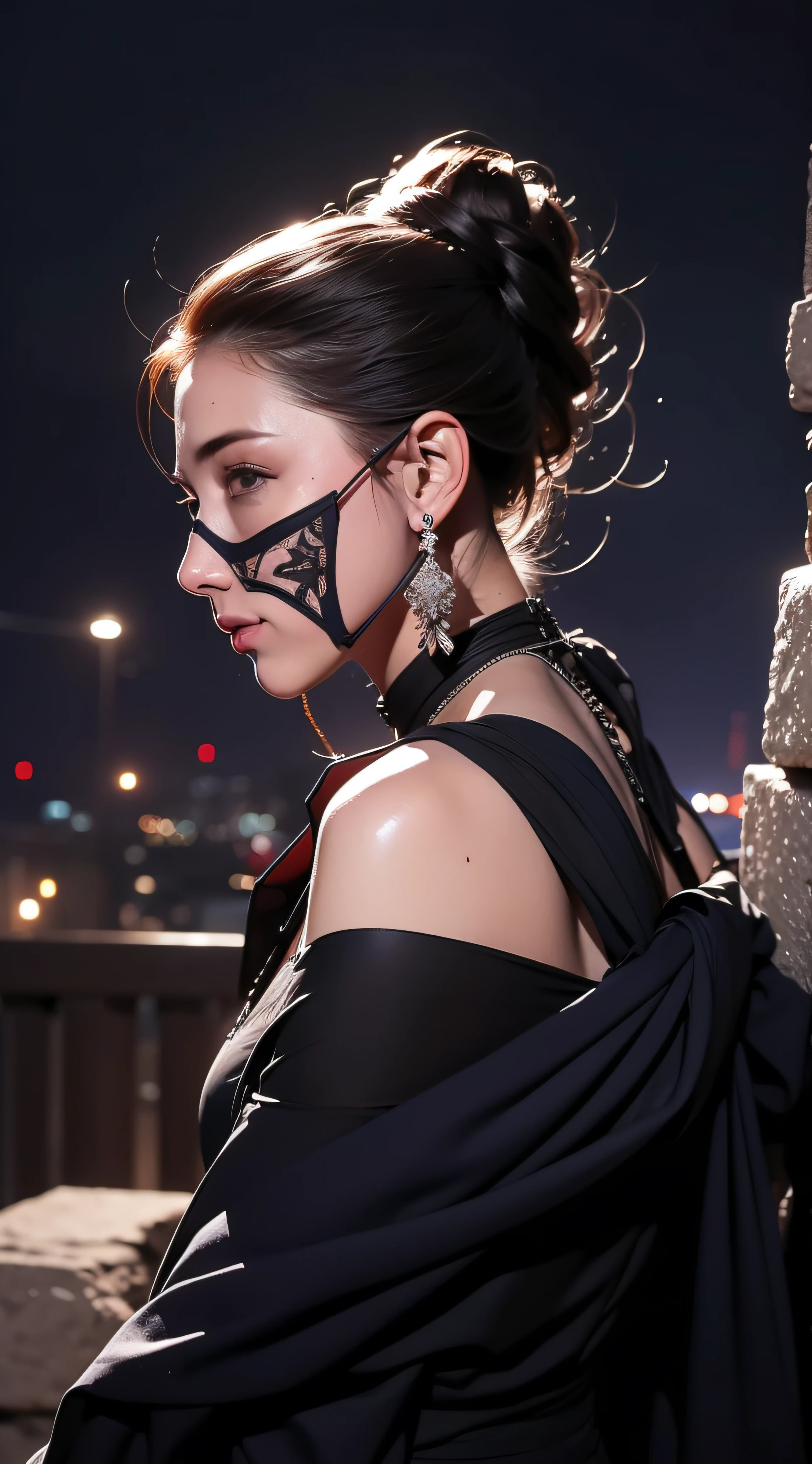 (extremadamente detallado, obra maestra, La mejor calidad, foto antigua, principios de siglo, epic scenery) mujer sexy, lingirie, robot arms, estilo ciberpunk, armadura, mask, cables, tornillos, luces rojas, paisaje de ruinas. plano cercano. manchas. Caravaggio-style lighting. tenebrismo-