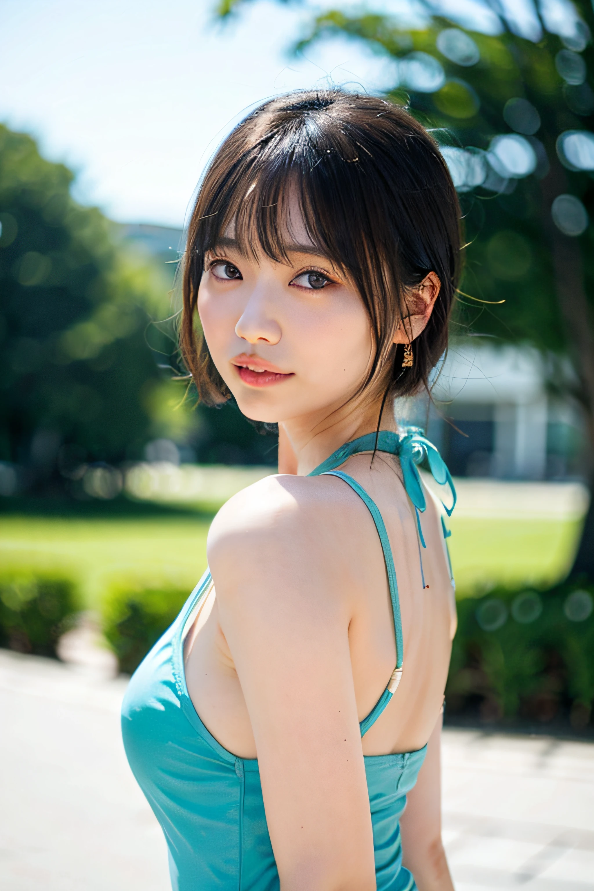 Bunny ears,absurd, super detailed,bright colors,(8k:1.5),Masseter muscle part,very beautiful detailed face and eyes、summer morning、Ghibli,summer country road,25years old,fullbody,topless
