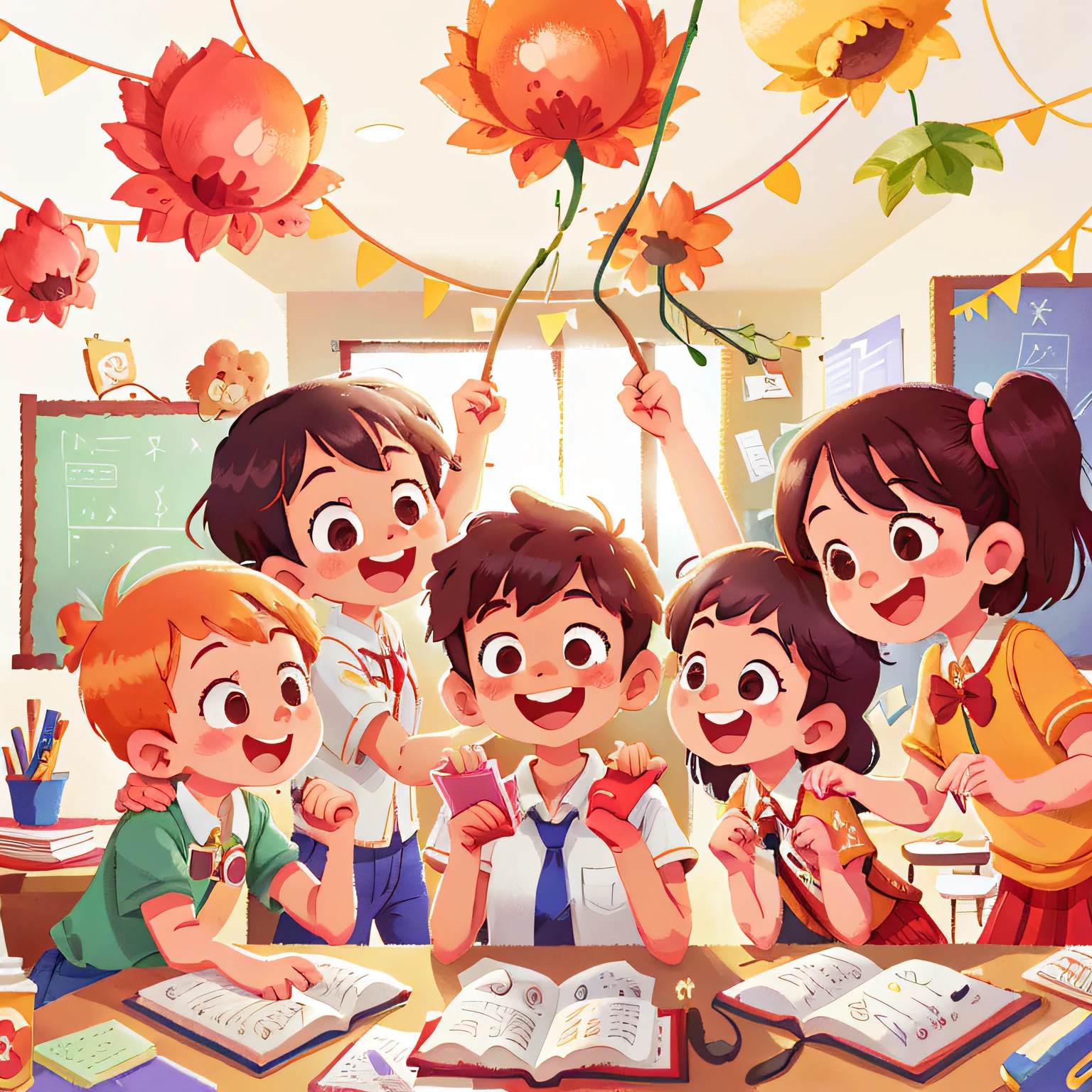 Teacher & students happy smiling in class room is ((white background))