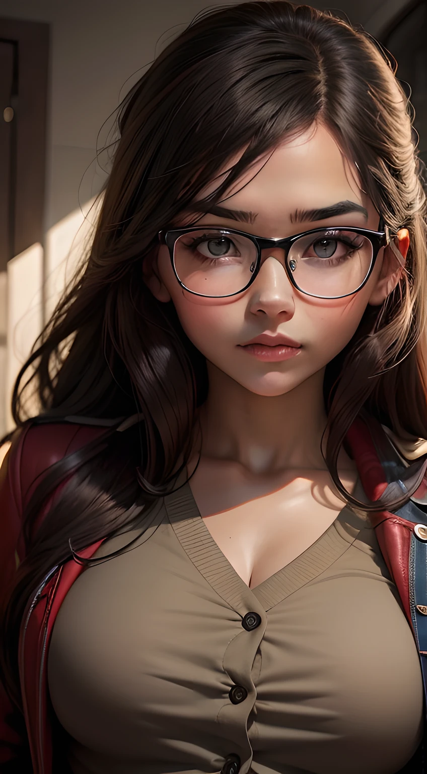 a powerful portrait photo of the girl with round glasses. The lighting accentuates her confident gaze, making her glasses a statement of self-assuredness and strength