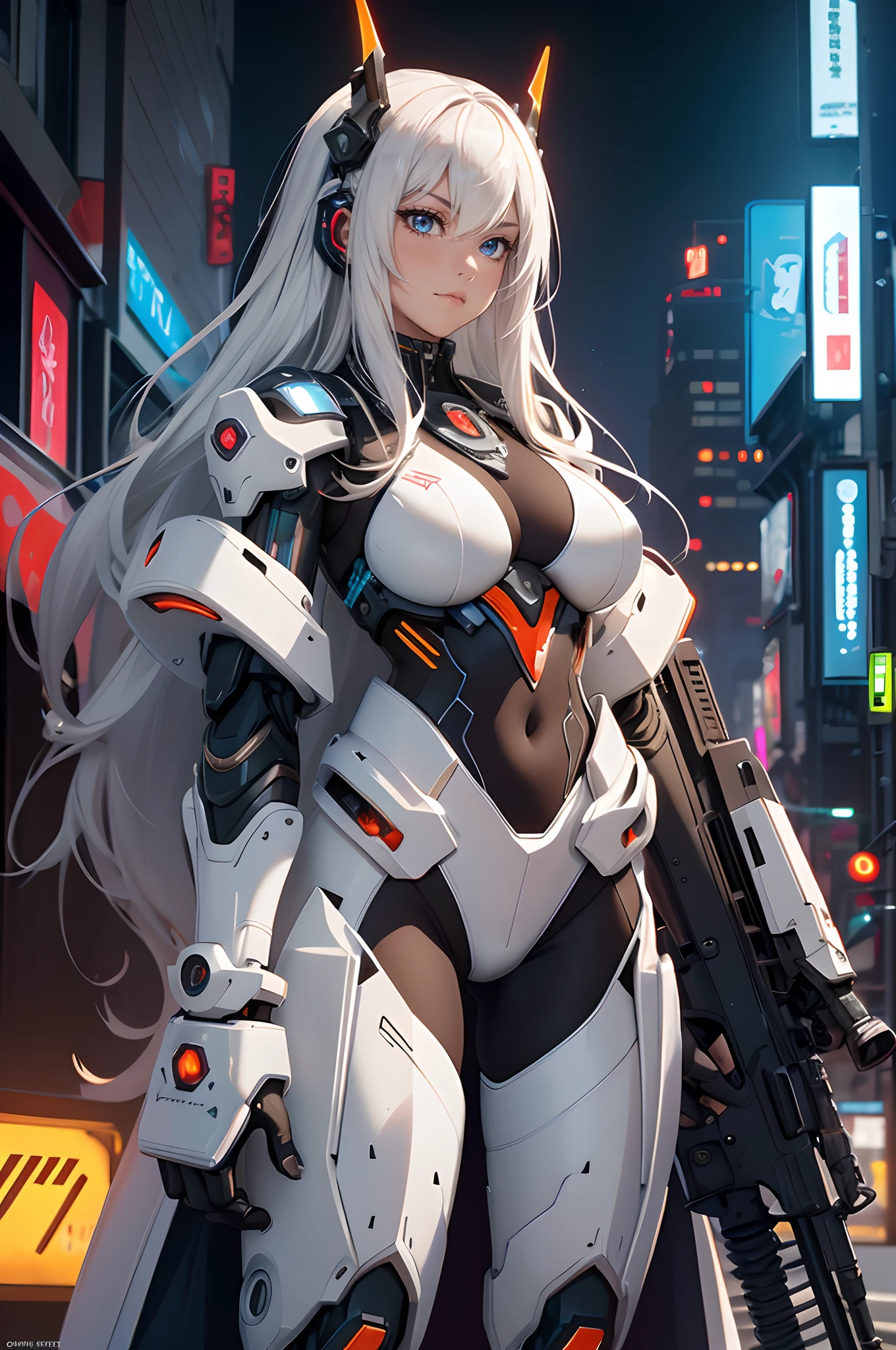 1girl, a beautiful girl cyborg cyberpunk carry a fantasy weapon in the cyberpunk city background, wide angel, white hair, white and orange and black machine suit color combination, the body full of machine, realistic futuristic hologram, asian skin tone, beautiful eye, beautiful asian face, cyber ear machine, suits is solid mecha, realistic machine, sci fi scape, manipulation is a masterpiece, long hair, masterpiece, suit of cyberpunk, realistic sci fi building texture mecha aestethic, digital cyberpunk, looming over a city, cyber technology, realistic hair, lots of hair, white of hair, realistic metal solid texture of building, realistic neon glow, realistic neon sign, wonderful side lighting, realistic futuristic cyberpunk building, realistic girl robot cyberpunk, fog, foogy, masterpiece of detail, RAW IMAGE, depth of field, point of interes, depth of field is masterpiece, best photography composition masterpiece, natural realistic hair, rule of third masterpiece photography, natural lighting, photography masterpiece natural lighting from side, realistic skin texture, strong reflection, ( pose pinterest) masterpiece beautiful, Devil Horns, smooth pixel, ray of light, soft light, small breasts, mastepiece of cyber mask, fantasy weapon, carry a weapon,