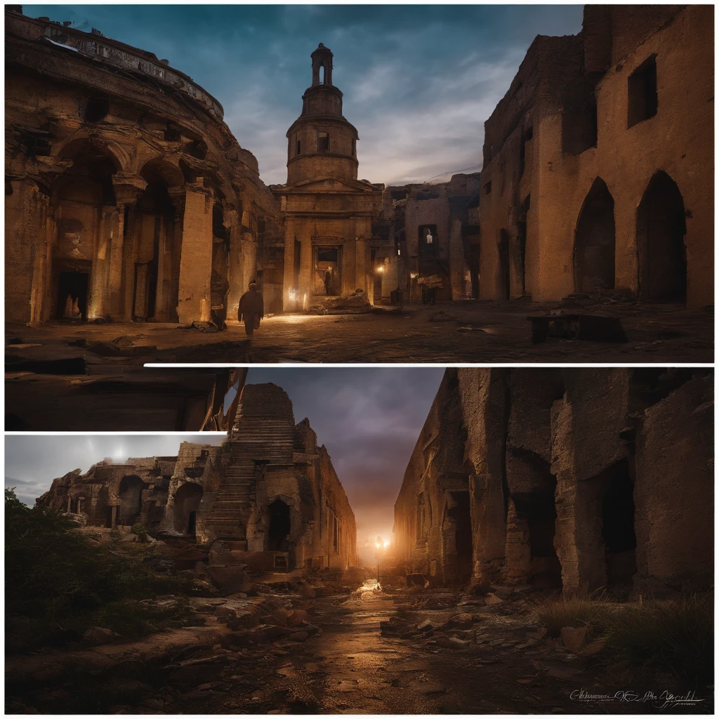 A city in ruins,1 man's desperate expression,torn outfit,Injured face,(plethora of colors,Best quality,high detal,tmasterpiece,cinmatic lighting,4K,Chiaroscuro)