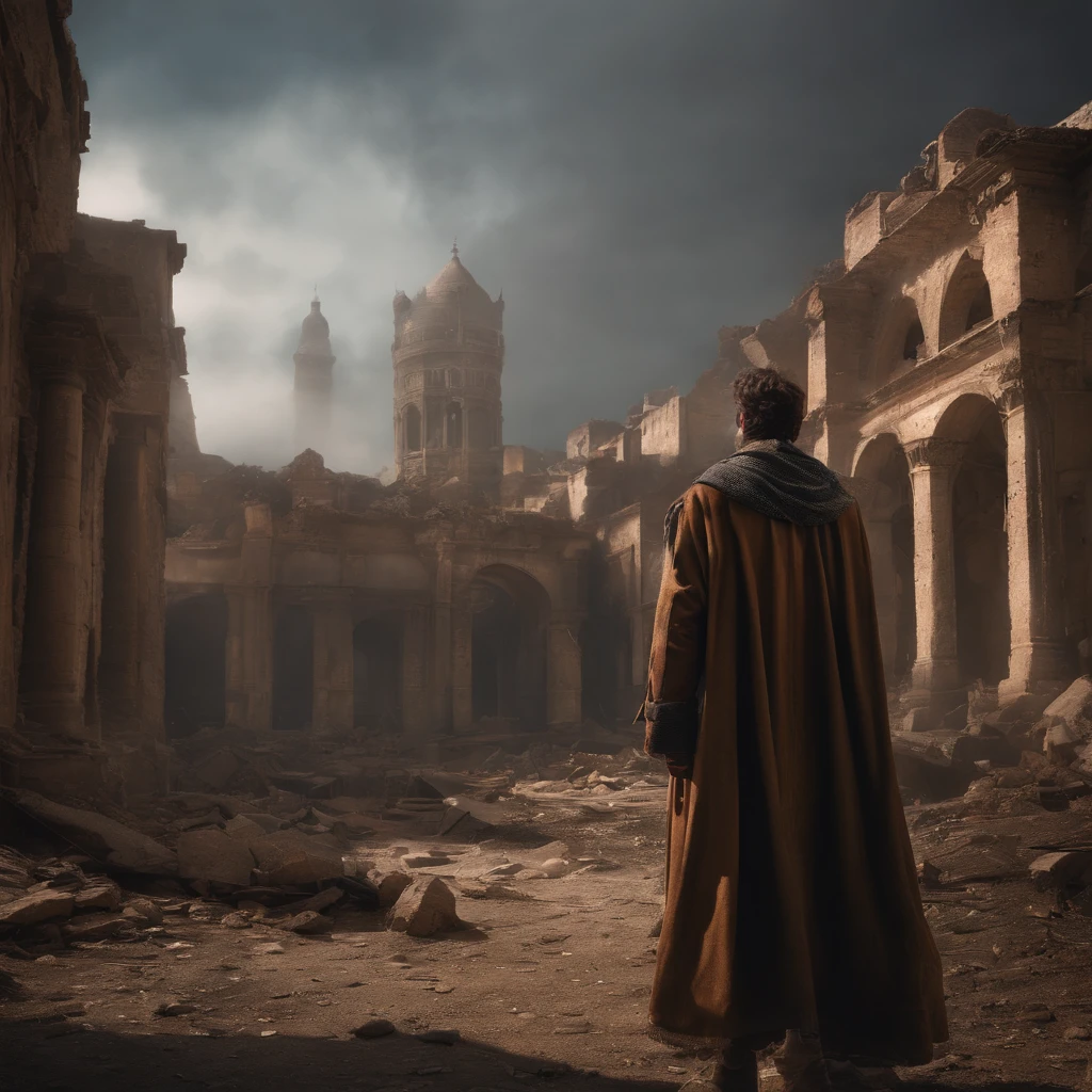 A city in ruins,1 man's desperate expression,torn outfit,Injured face,(plethora of colors,Best quality,high detal,tmasterpiece,cinmatic lighting,4K,Chiaroscuro)