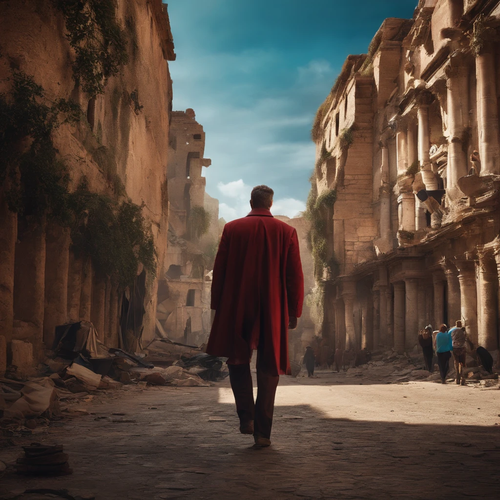 A city in ruins，1 man's desperate expression，torn outfit，Injured face，（plethora of colors，Best quality，high detal，tmasterpiece，cinmatic lighting，4K，Chiaroscuro）