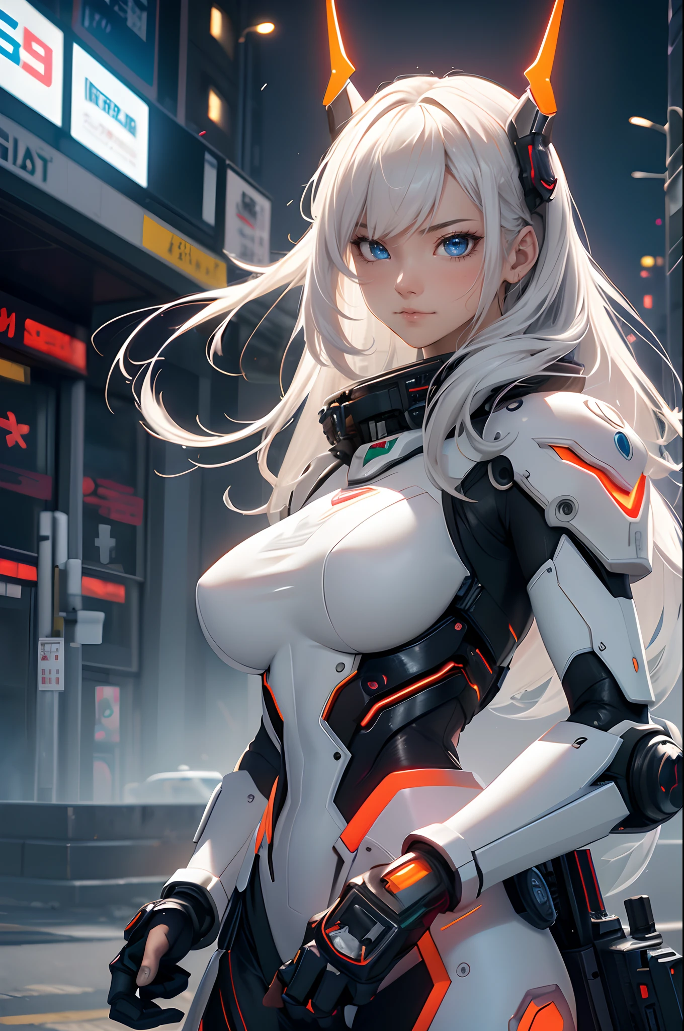 1girl, a beautiful girl cyborg cyberpunk carry a fantasy weapon in the cyberpunk city background, wide angel, white hair, white and orange and black machine suit color combination, the body full of machine, realistic futuristic hologram, asian skin tone, beautiful eye, beautiful asian face, cyber ear machine, suits is solid mecha, realistic machine, sci fi scape, manipulation is a masterpiece, long hair, masterpiece, suit of cyberpunk, realistic sci fi building texture mecha aestethic, digital cyberpunk, looming over a city, cyber technology, realistic hair, lots of hair, white of hair, realistic metal solid texture of building, realistic neon glow, realistic neon sign, wonderful side lighting, realistic futuristic cyberpunk building, realistic girl robot cyberpunk, fog, foogy, masterpiece of detail, RAW IMAGE, depth of field, point of interes, depth of field is masterpiece, best photography composition masterpiece, natural realistic hair, rule of third masterpiece photography, natural lighting, photography masterpiece natural lighting from side, realistic skin texture, strong reflection, ( pose pinterest) masterpiece beautiful, Devil Horns, smooth pixel, ray of light, soft light, small breasts, mastepiece of cyber mask, fantasy weapon, carry a weapon,