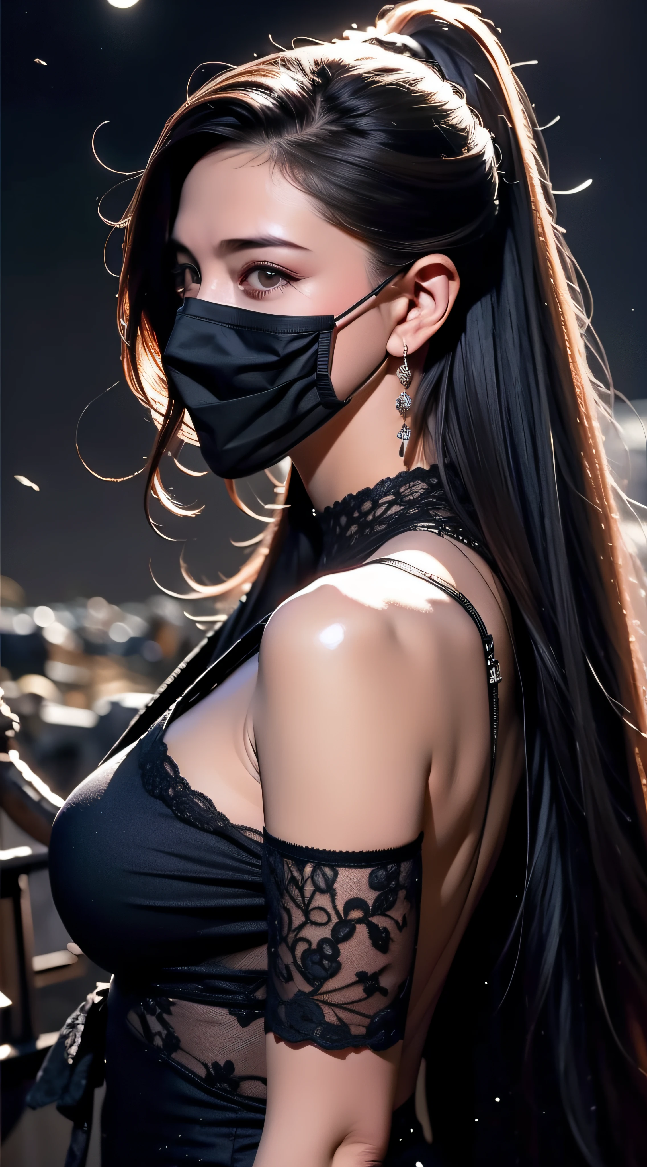 Best quality, one person, ((masterpiece)), 8k, ((a hot beautyful curvy asian girl)), ((detailed face)), (there is a cyberpunk city in the background), (good anatomy), detailed eyes, detailed face, (((long black hair))), (((pink, black lacy latex Babydoll with Garter Belts Sexy ))), ((Secretary outfit)), (((good anatomy))), (big tits), (posing with her breasts), facing the camera, ((she wearing a black mask)), makeup, (posing with her breasts), (((focus on ))), heavy size , (((erotic pose, on all four, black high heals, full view))), (big tits)