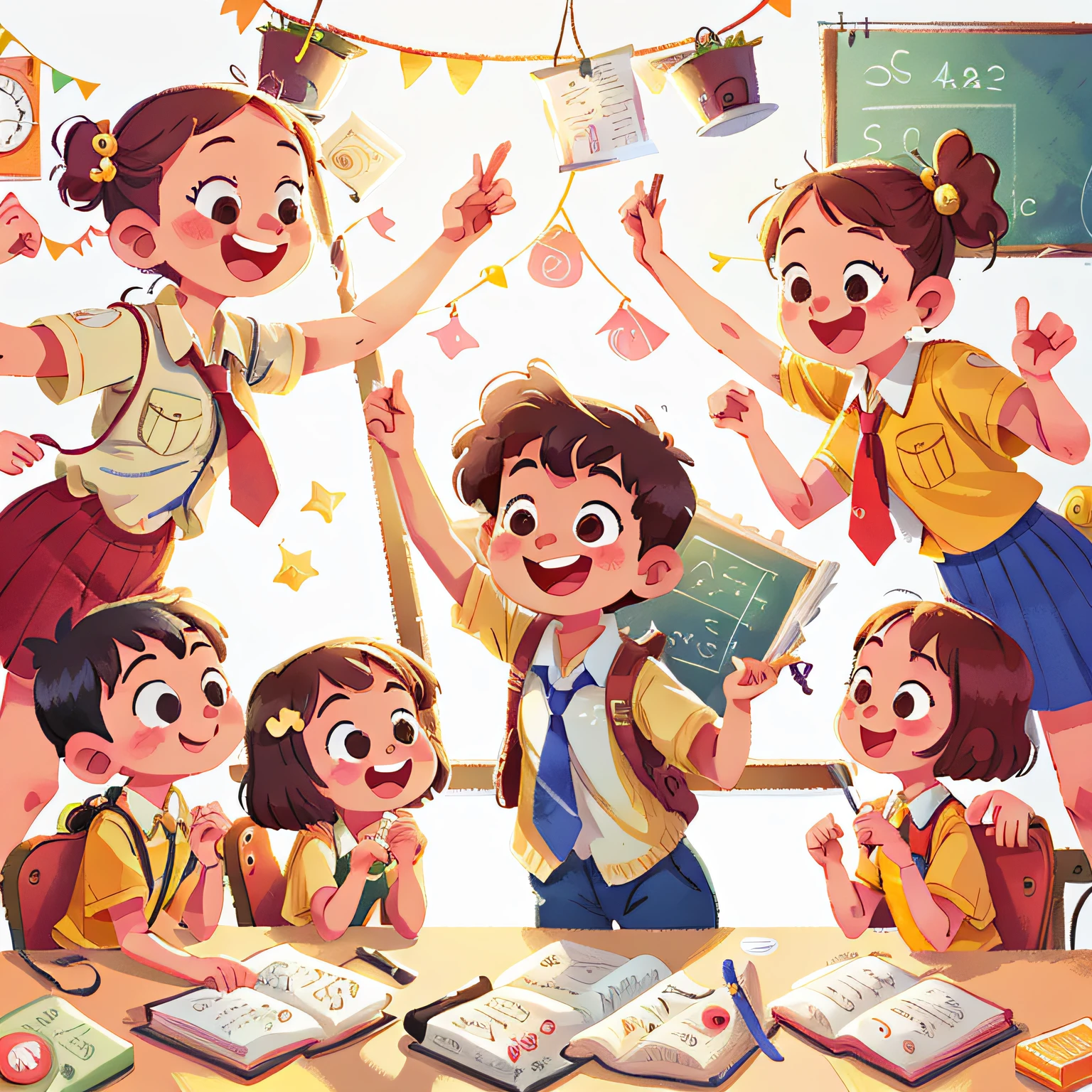 Teacher & students happy smiling in class room is ((white background))