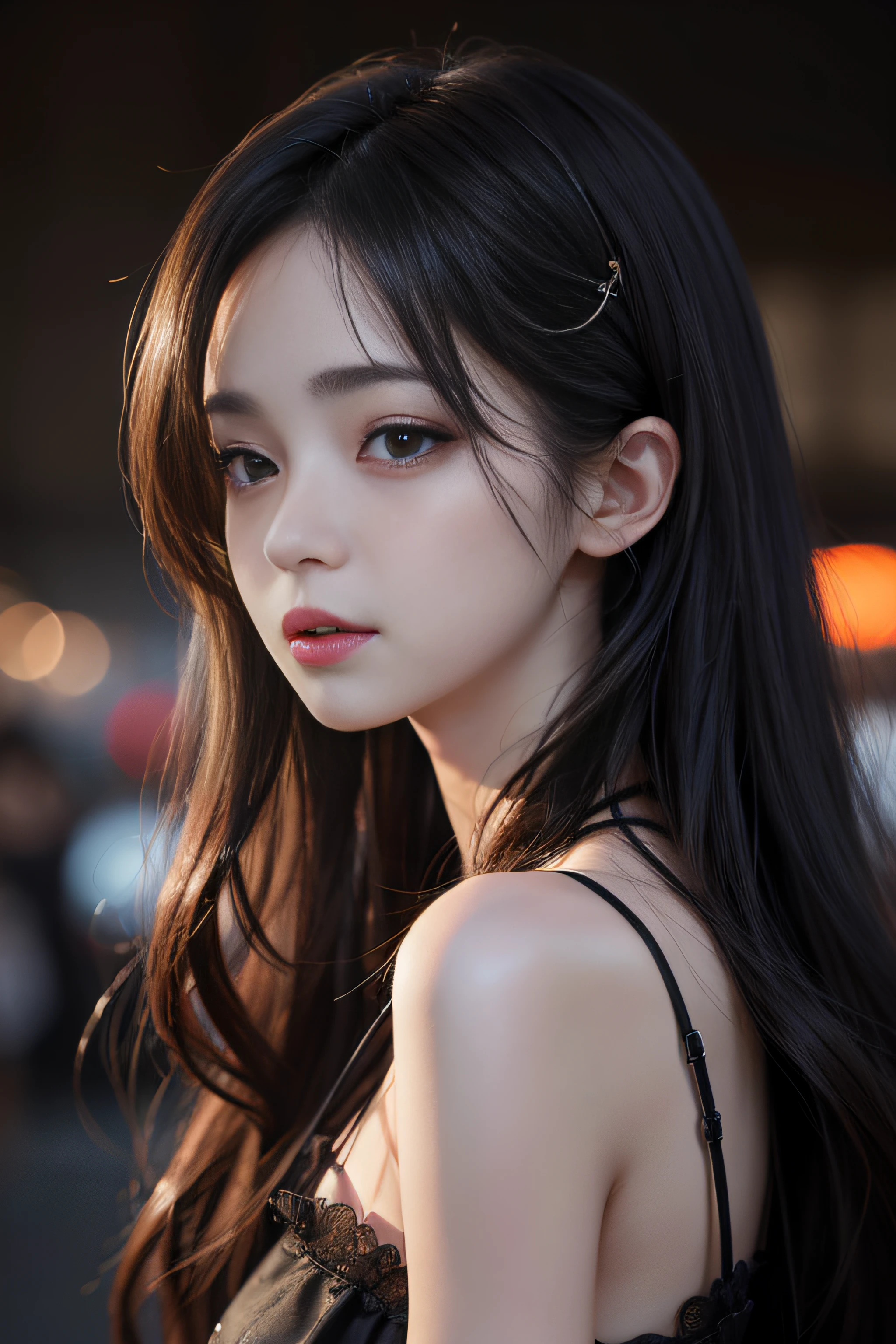 Photorealistic, masutepiece, best quality, raw image, realistically:1.4, 1girl in, 17 years old, solo, long hair, facial face details, small face, The best hair details, brown hair, ใบหน้าrealistically, The face has the best detail., charming face, ((Feeling shy)), Black shirt with collar, Medium to quite large breasts, big breasts, dynamic gesture, (Beautiful figure), (Beautiful figure), (Slim figure), (Good figure, slender, slim, good figure), looking at the audience, from below, Detailed background, great details, complicated details, Ray tracing, depth of field, lowkey, nffsw