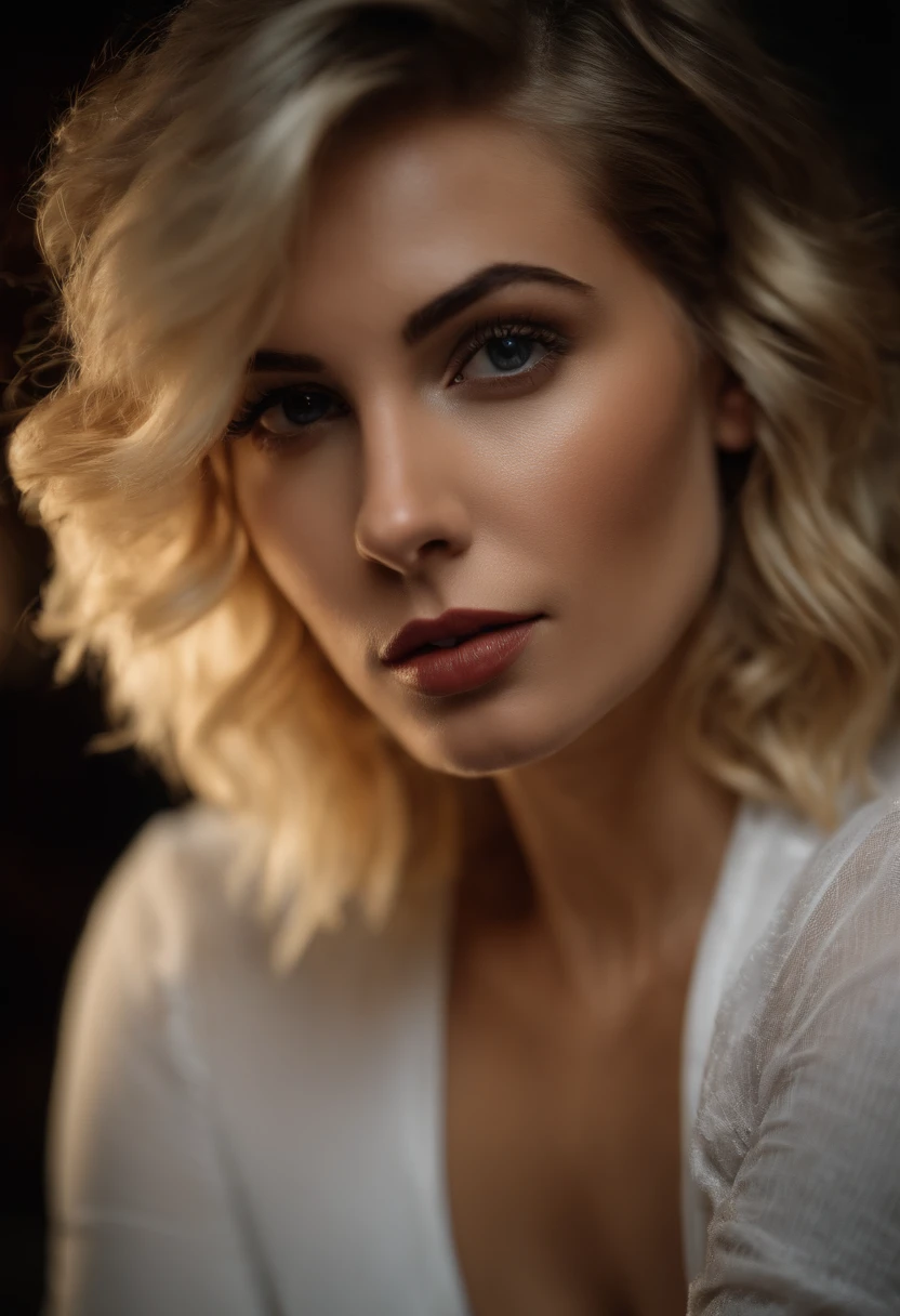 close up modern blonde petite young woman, melbourne Australia, movie, in a discreet club, 21st century, bar, wearing dress, short pixie hair, floppy hair, messy hair, looking sultry, cinematic, photo real,, backlit, panavision, depth of field, night time, sexy, bed