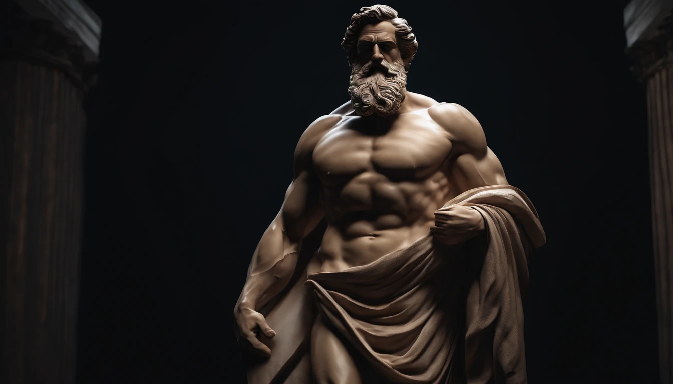 Greek philosopher muscular statue, big beard, cinematic, dark background, 8k, ultra realistic