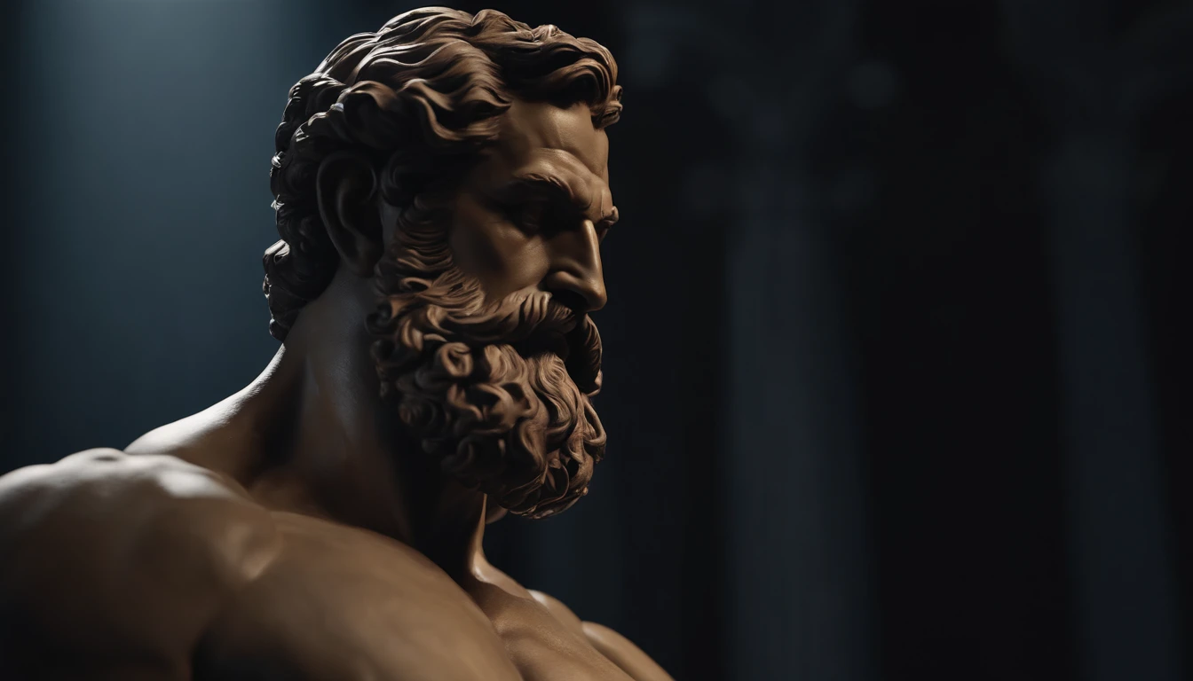 Cinematic Stoic Epictetus Statue Hercules Style 4K, with muscles and dark background.