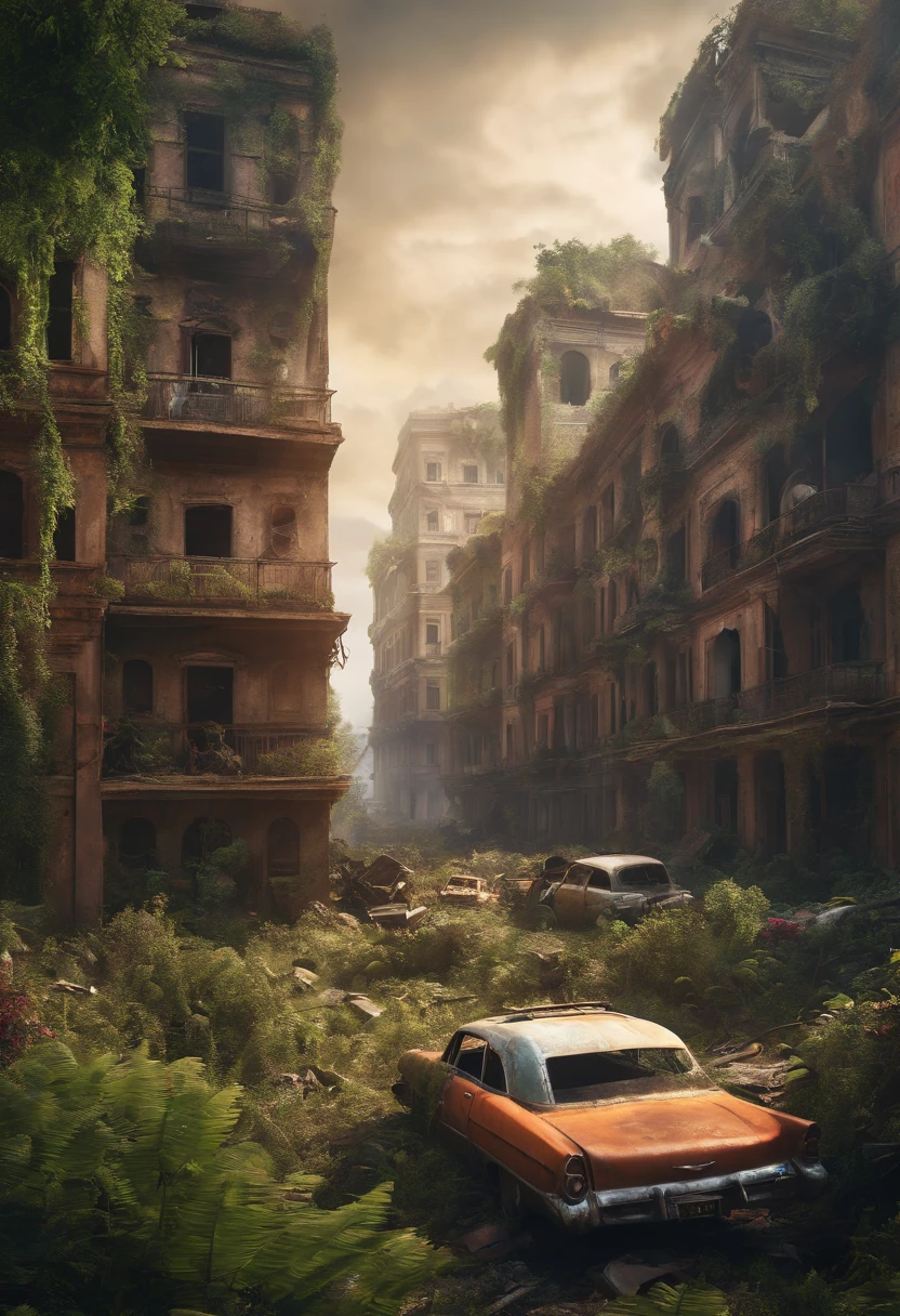 View area 3d abandoned city post-apocalyptic world abandoned cars vegetation next to buildings destroyed buildings plane crashed