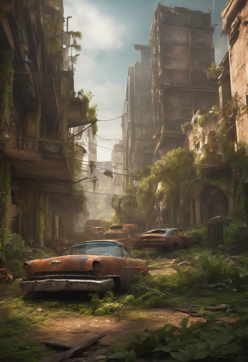 View area 3d abandoned city post-apocalyptic world abandoned cars vegetation next to buildings destroyed buildings plane crashed