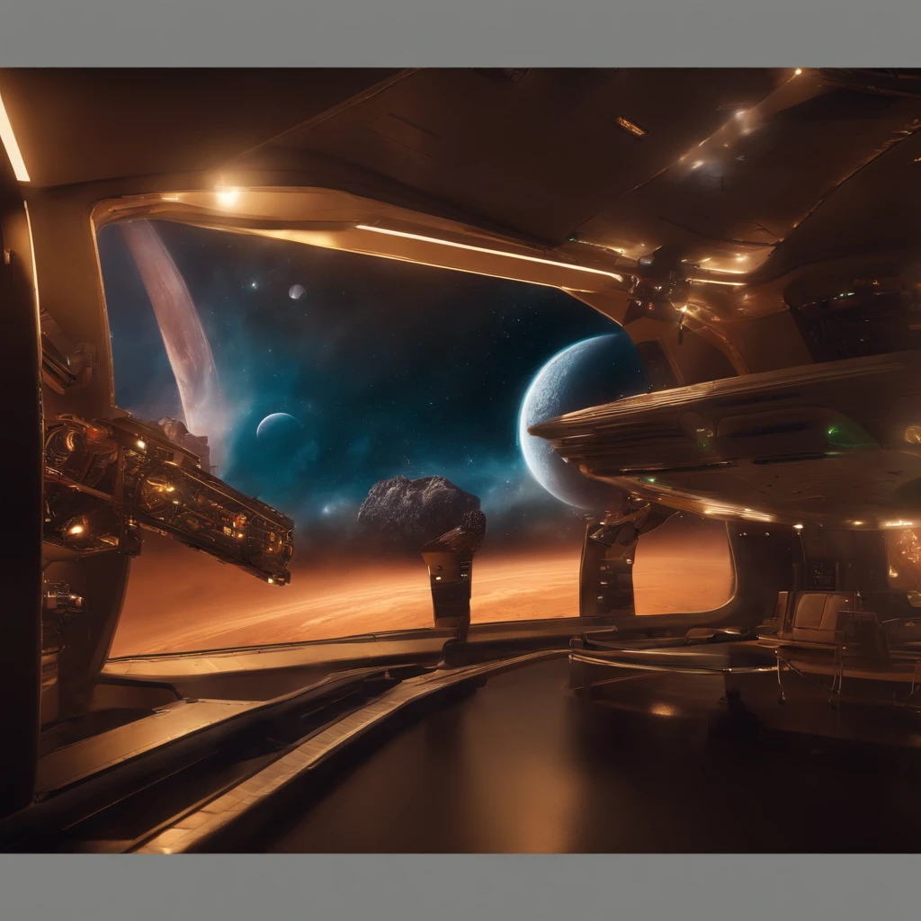 (The spacecraft fires shells:1.2),in a panoramic view,(plethora of colors,Best quality,high detal,tmasterpiece,cinmatic lighting,4K,Chiaroscuro)