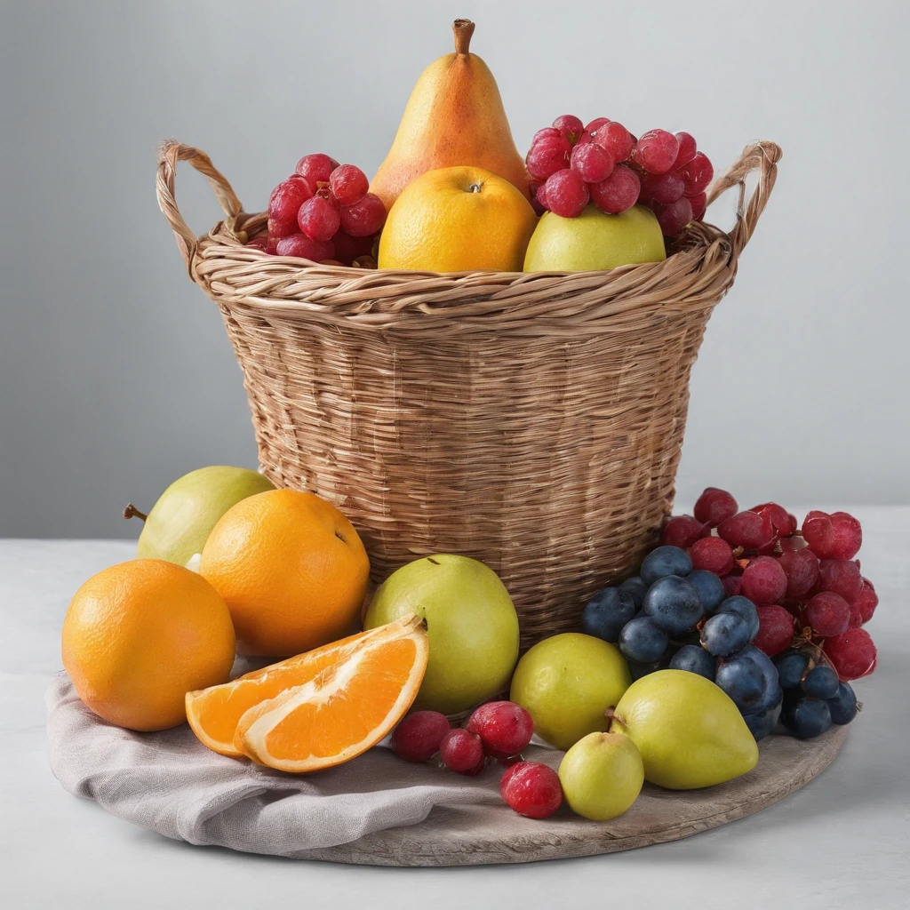 Cesta de frutas, sobre a mesa , foto de comida, centralizado, 8k, renderizado, photographic style, studiolight, lente 60mm,by mucha