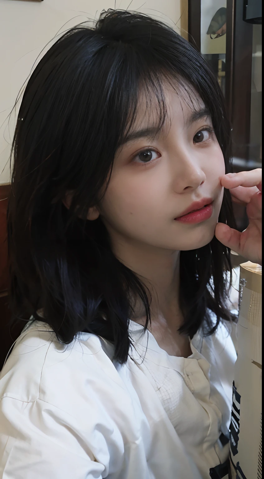 10, bestquality, masterpiece, ultra-high resolution, (Realism: 1.4), Original photo, (realistic skin texture: 1.3), (grain of film: 1.3), (Selfie corner), 1 girl, Beautiful eye and face details, masterpiece, bestquality, close up shot, Upper body, looking at the audience