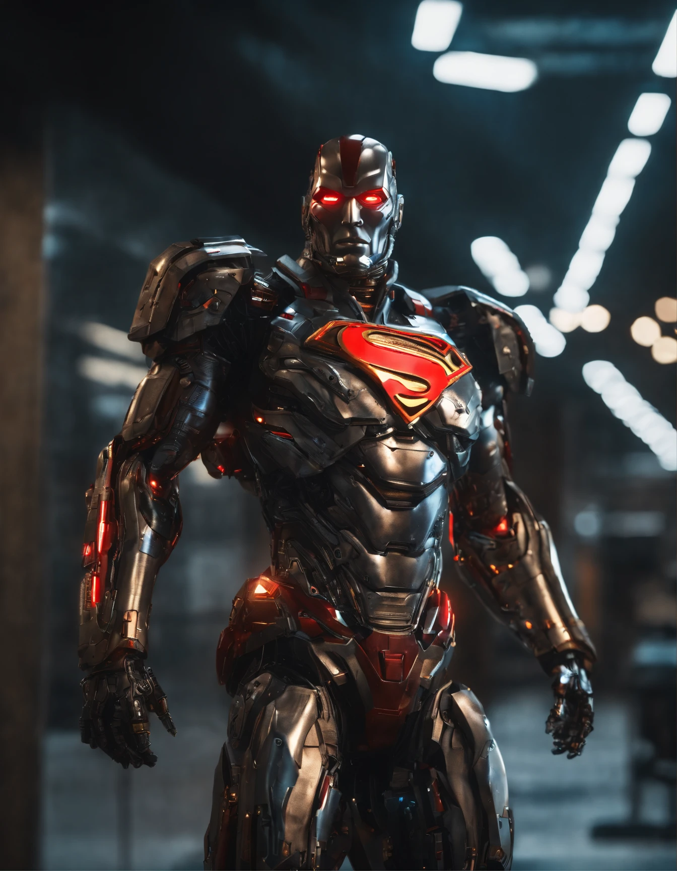 (Cyborg:1.2) superman robot, (((kinetic))), Masterpiece full body, High definition, 8K, Very high quality, high-detail face, Sharp, degrees of freedom ,Depth_af_Field, style of midjourney , Cinematic, to contrast, Detailed, 8K, Sharp focus, Cyberpunk
