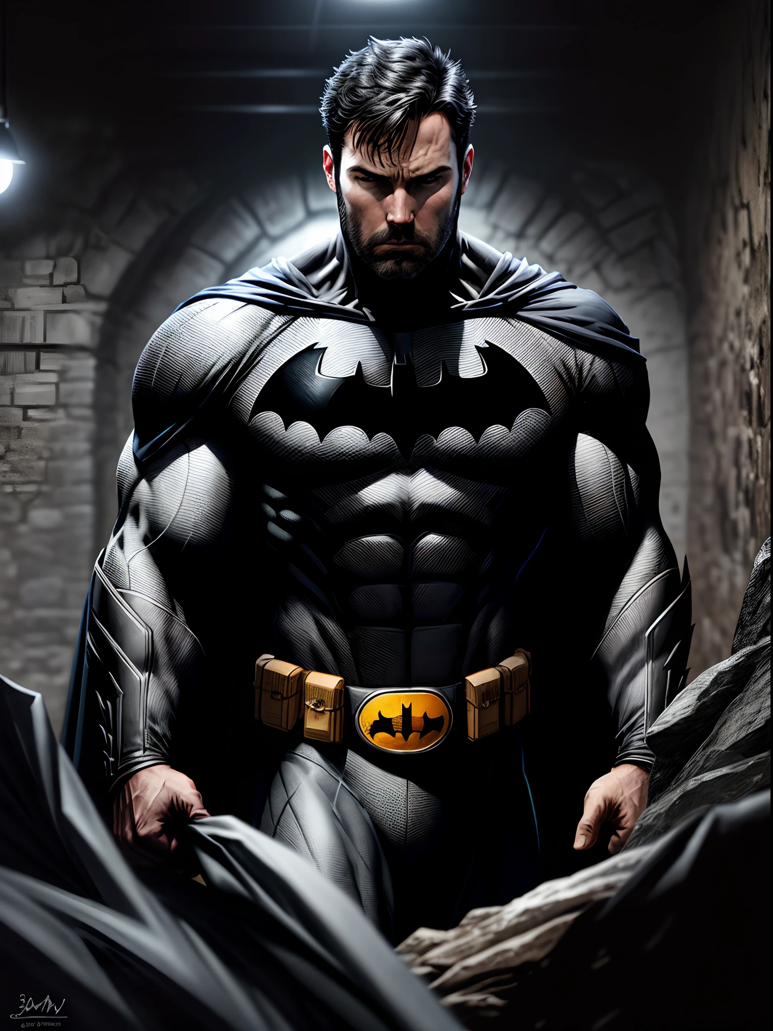 upper body shot, 1 man, solo, Ben Affleck as Batman, tall, hunk, muscular, bulk, wide shoulder, photorealism, emotionless face, dark dirty grey suit, dark grey arms, ((no mask)), mask off, black hair, black gloves, best quality, masterpiece, high resolution:1.2, black cape, high detailed mask, high detailed suit, high detailed face, award winning, night time, a dark cave in the background, indoors