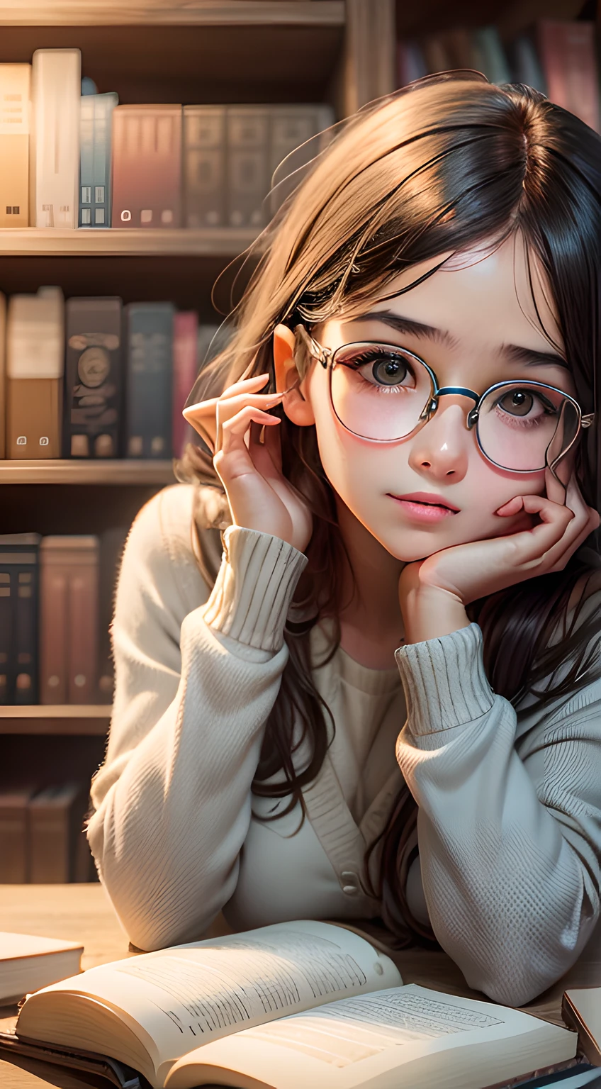 Create a portrait photo of the girl in a library or study, surrounded by books. The round glasses add an intellectual aura, showcasing her love for learning and knowledge