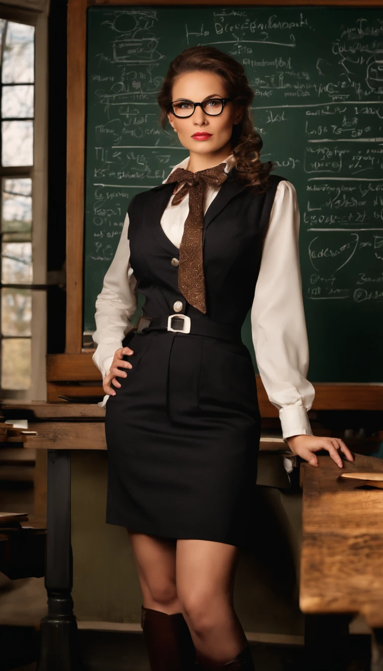 A teacher stand in front of the blackboard,Facing students,(Cowboy shot,above knee portrait:1.25),Scholar girl,huge breast,Teacher's professional suit,Black stockings,messy bun,glasses,laboratory,classroom,experimental equipment,blackboard filled with equations written on the board,students In the dimly-lit laboratory,