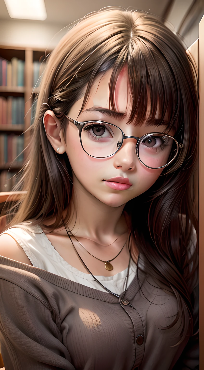 1 female,Brown Hair, ,((Anxious expression)),Beautiful breasts,uniform,stylish,,(look forward to)(((blush、Surprised expression)),(((Braiding))),((( Upper body portrait)))Frameless Glasses