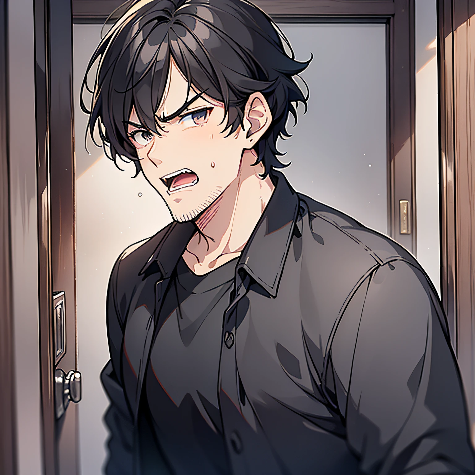 A middle-aged uncle,with short black hair,wearing a black top,Standing in front of the door of the room with an angry expression(Open mouth 1.5)(The background is in the room in the village:1.5),Anime style 4K,Anime rendering,style of anime,8K fineness,(Upper body display:1.5)(Cinematic lighting:1.5)Vicissitudes of middle-aged man 1.5(Wrinkle 1.5)(Slag 1.5)