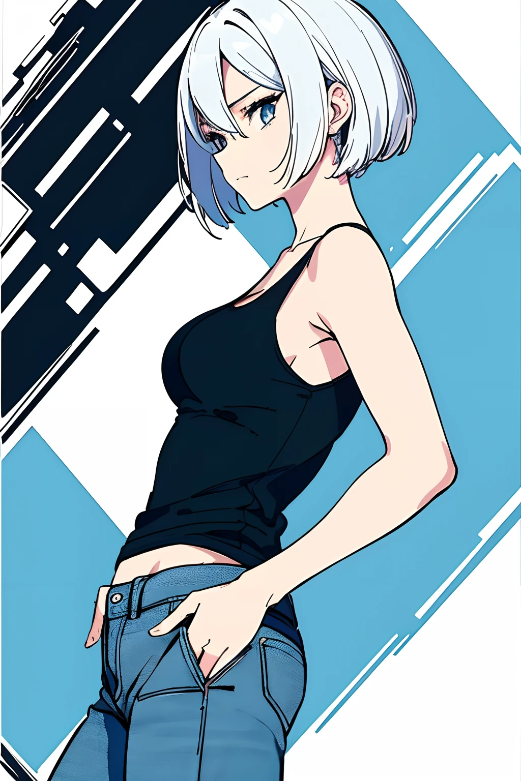 (masterpiece:1.3), (the best quality:1.2), (super fine illustrations:1.2), (Masterpiece), high quality, high detail, ((unparalleled masterpiece, best quality, perfect artwork)),
high contrast, flat color, white background, short hair, big breasts size, white hair, blue eyes, blue hair shade, looking at another,
[(pale blue background:1.1)::5], [(game character portrait:1.2):5], (falling over:1.2), falling down, (tripped), {hands hidden}, {{{hands in pockets}}},{{hands in sleeves}}
stumble, from side, black tanktop, jeans, make hands close, strange sky,
(illustration:1.2), very wide shot, (line drawing:1.2), {{only five fingers}}