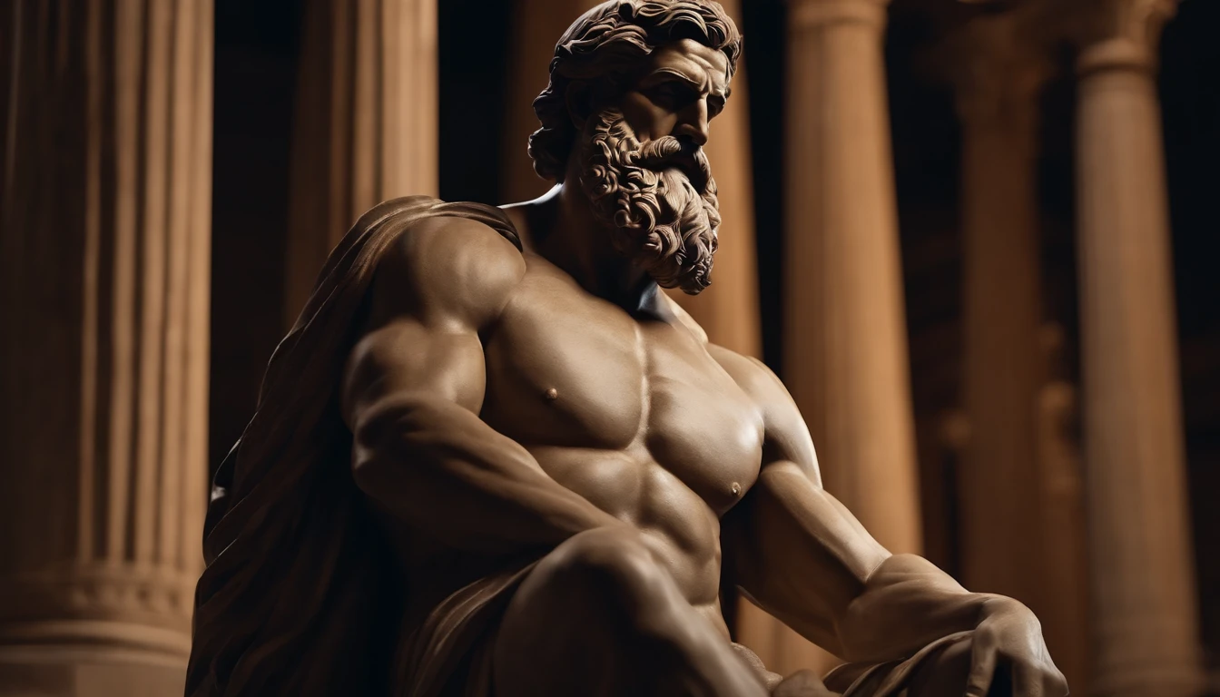 Greek philosopher muscular statue, big beard, cinematic, dark background, 8k, ultra realistic, setting from 2 thousand years ago