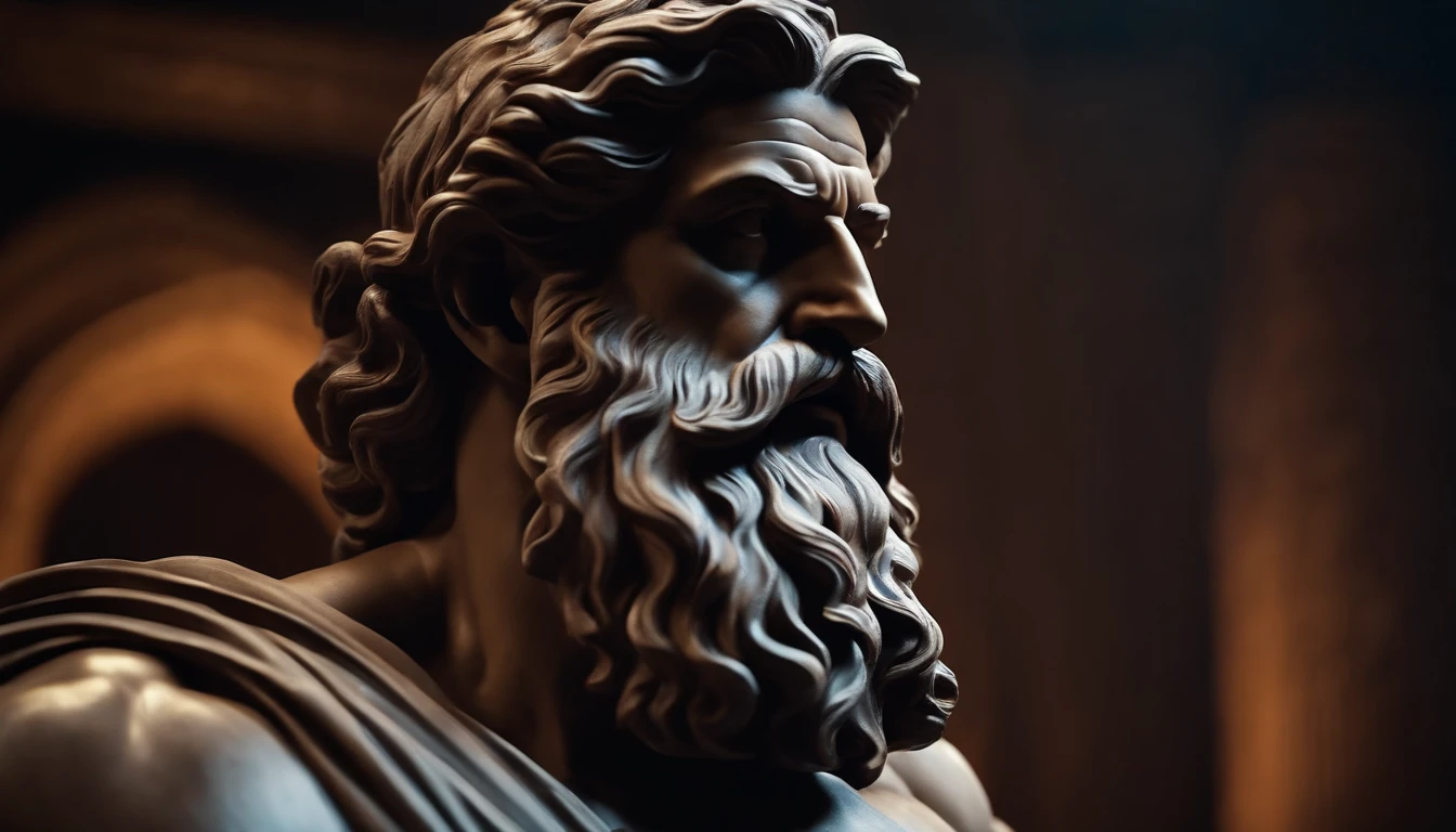 Greek philosopher muscular statue, big beard, cinematic, dark background, 8k, ultra realistic, setting from 2 thousand years ago