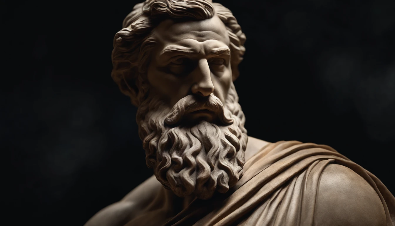 Muscular statue of Greek philosopher, barba grande, cinemactic, fundo escuro, 8k, ultra realistic