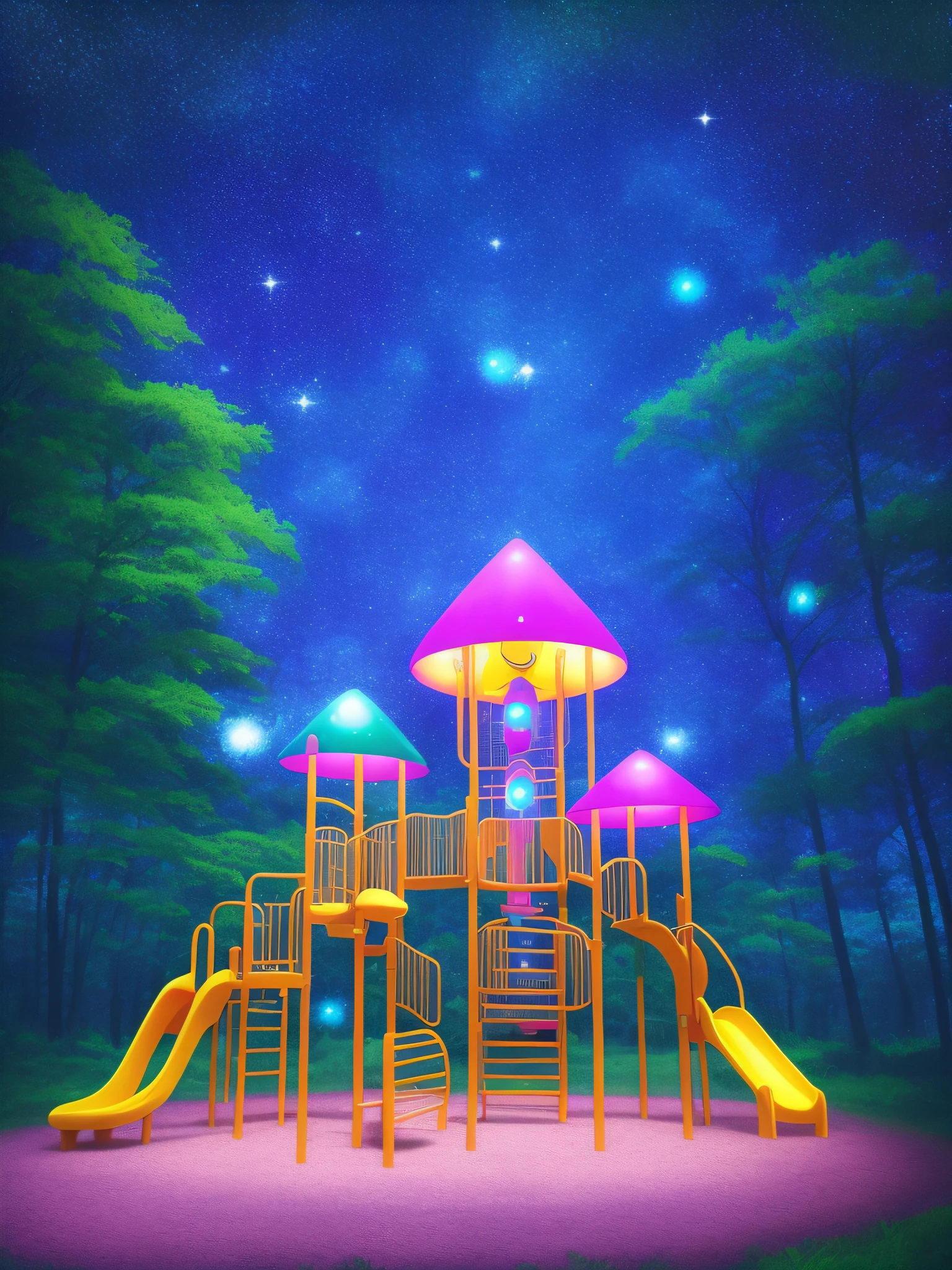 In a beautiful forest A little brighter Playground equipment available colorful flower々 Beautiful starry sky Mystical picture book-style illustratio