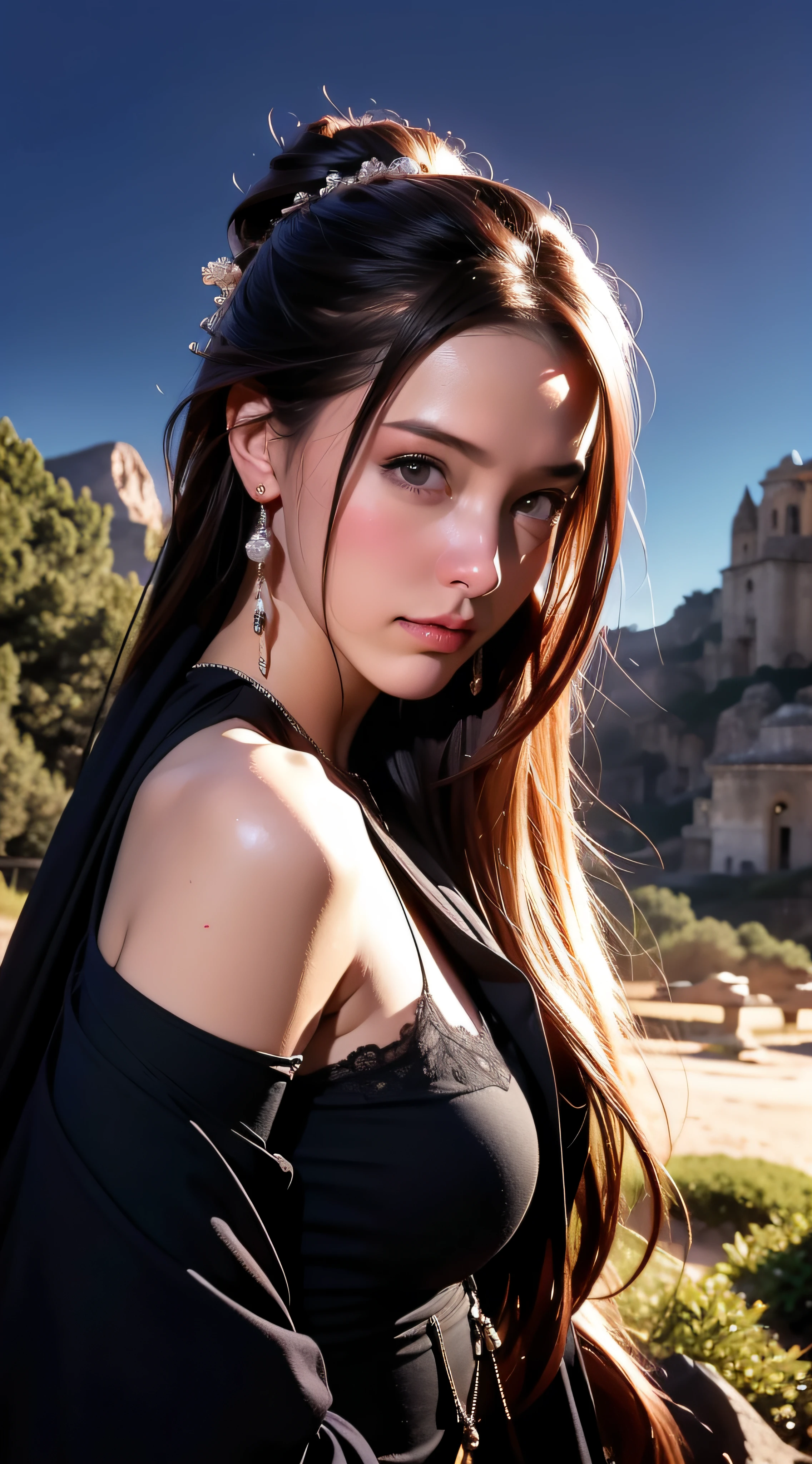(extremadamente detallado, obra maestra, La mejor calidad, foto antigua, principios de siglo, epic scenery) mujer sexy, lingirie, robot arms, estilo ciberpunk, armadura, luces rojas, paisaje de ruinas. plano cercano. manchas. Caravaggio-style lighting. tenebrismo-