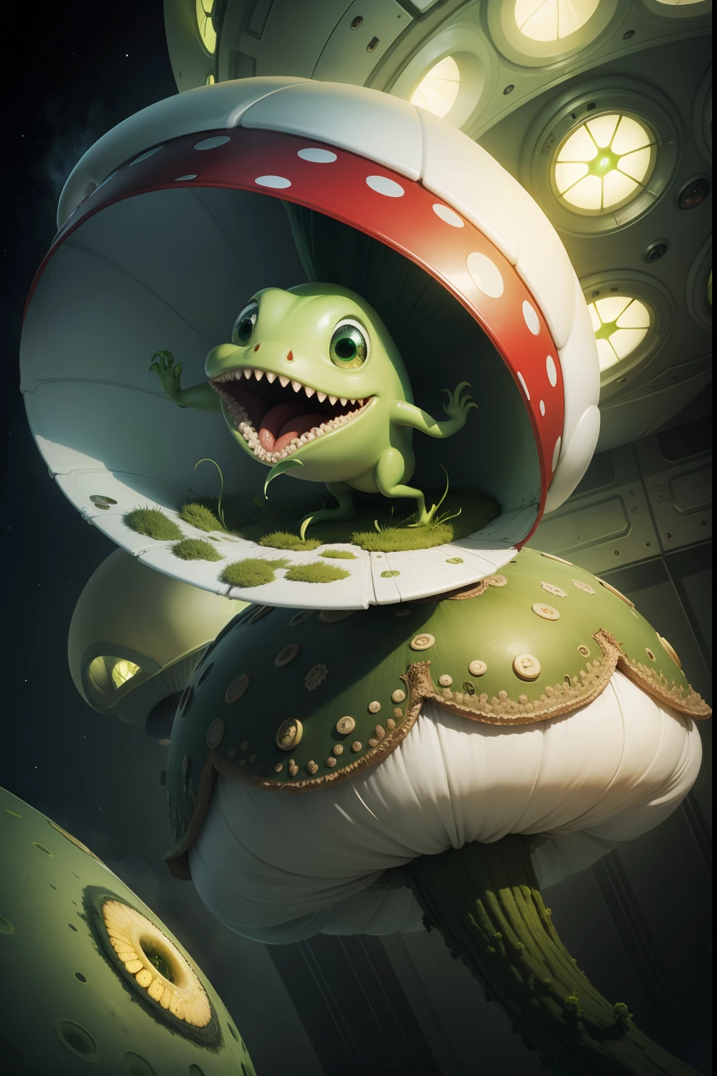Amanita with a big mouth looks at the spaceship with green eyes