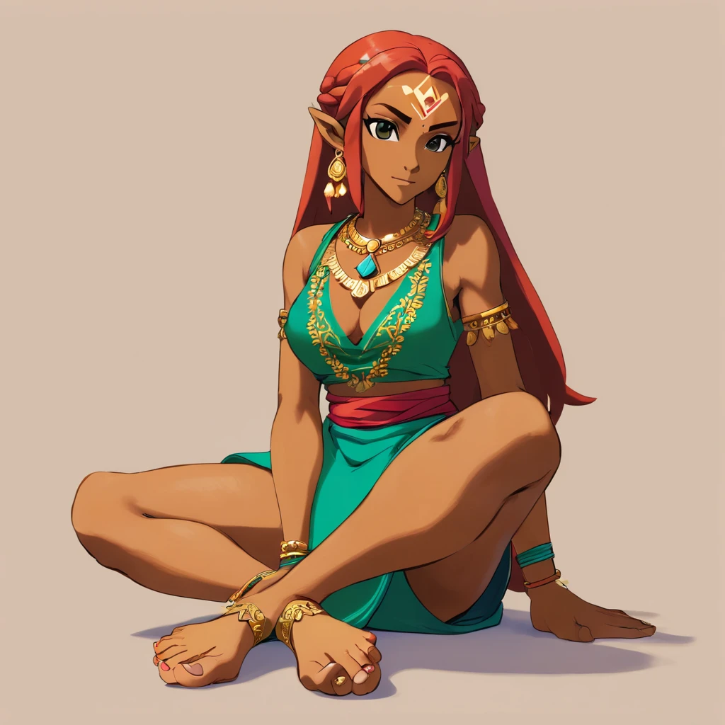 Gerudo woman showing her feet, barefoot, big feet, spread legs, dark skin, red hair, gerudo