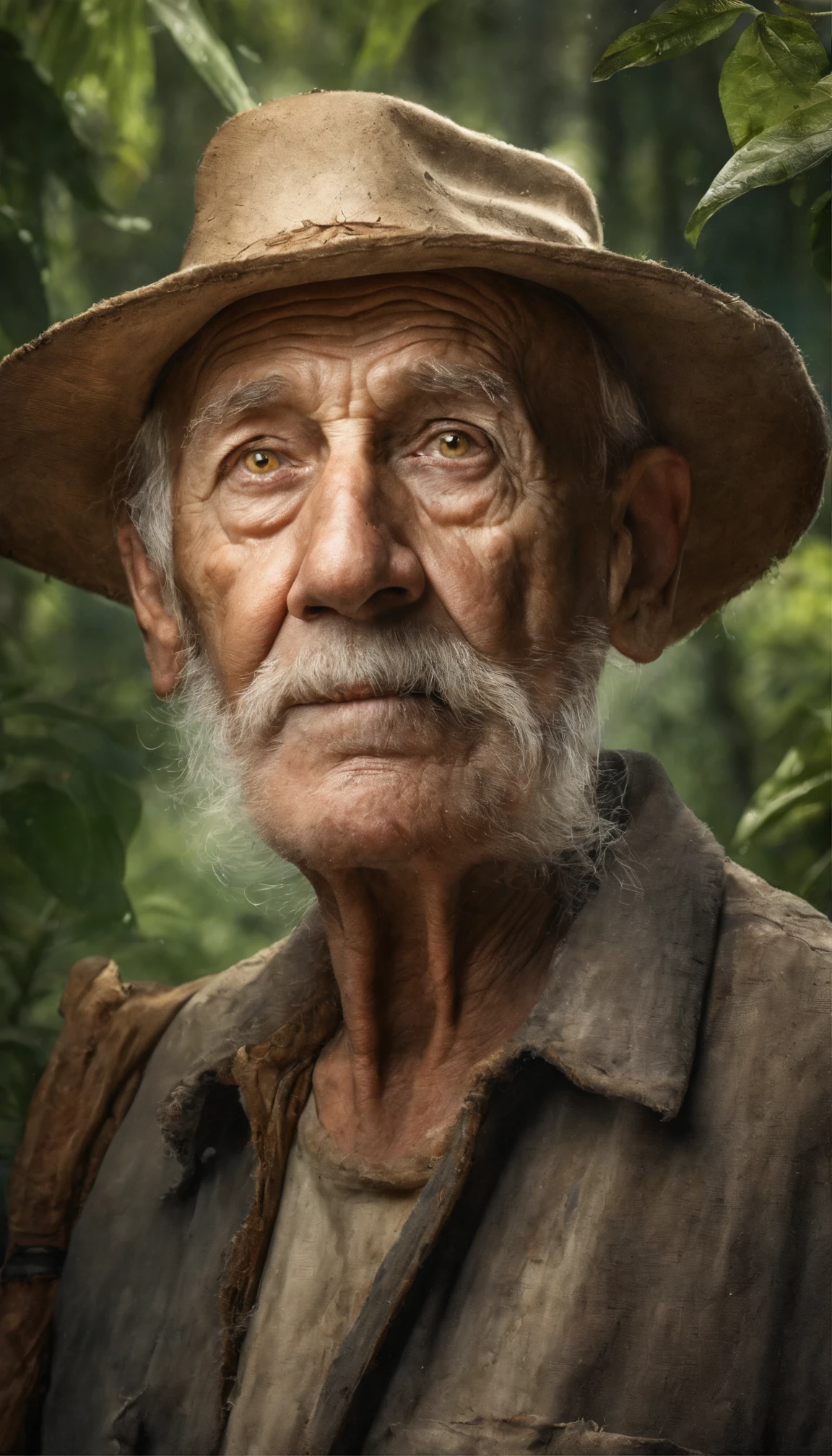 tmasterpiece, Smart old man walking through the jungle in fireflies, (high detal: 1 1), The face of an old man, Natural skin, high high quality, NSFW, beautidful eyes, (detailed faces and eyes), (the face: 1 2), noise, Extra, Realphotos, .....PSD, Lamp film photography, foco nítido, contrasty lighting, Detailed skins, High resolution 8K, insanely details, realisticlying, professional photoshooting, 8K UHD, SLR camera, gentle illumination, high high quality, Film Particle, Fujifilm XT3