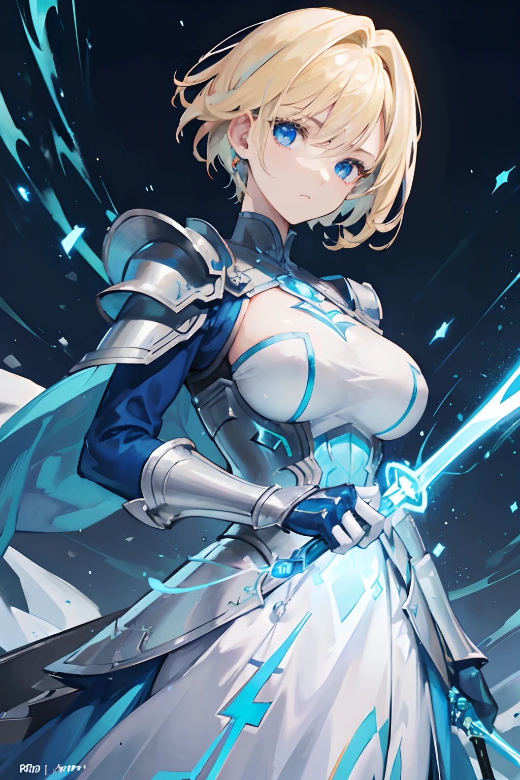Froy Gutierrez holding a blue shining long sword from its hilt, sword pinned in ground in resting position, wearing a blue coat, pair of gauntlets, blonde short hair, feminine upper body, huge breasts, feminine face, cold and shy facial features, detailed facial features, high quality, masterpiece, blue eyes, lightning in the background, Anime art style
